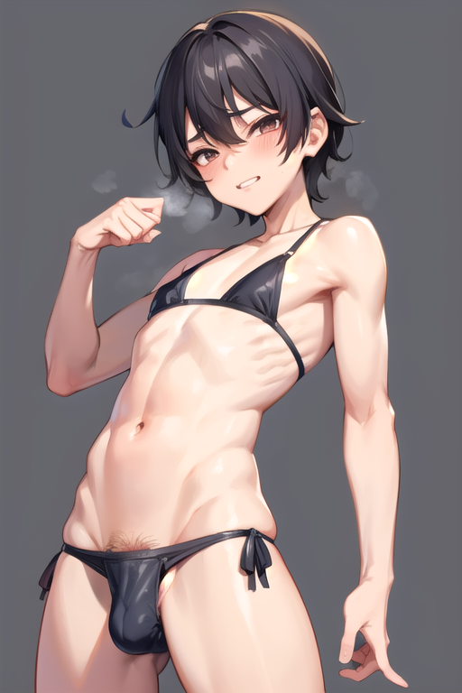 1boy ai_generated bikini black_hair blush bulge cute_male femboy girly highlights_(coloring) holly4i lingerie penis_under_clothes pleasure_face short_hair small_nipples solo solo_male steam thong underwear underwear_only younger_male