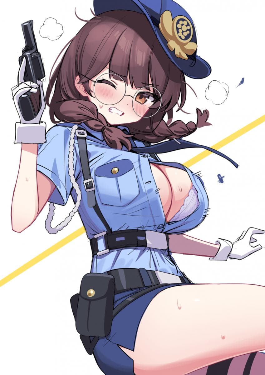 belt black_belt black_survival blue_headwear blue_skirt blush bra braid breasts brown_eyes brown_hair cleavage deadnoodles_(@deadnooodles) deadnooodles eternal_return:_black_survival female glasses gloves gun hat highres holding holding_gun holding_weapon large_breasts miniskirt official_alternate_costume one_eye_closed open_clothes open_shirt police police_hat police_uniform policewoman popped_button revolver round_glasses short_sleeves skirt solo suzuki_aya thigh_strap trigger_discipline twin_braids underbust underwear uniform weapon white_background white_bra white_gloves