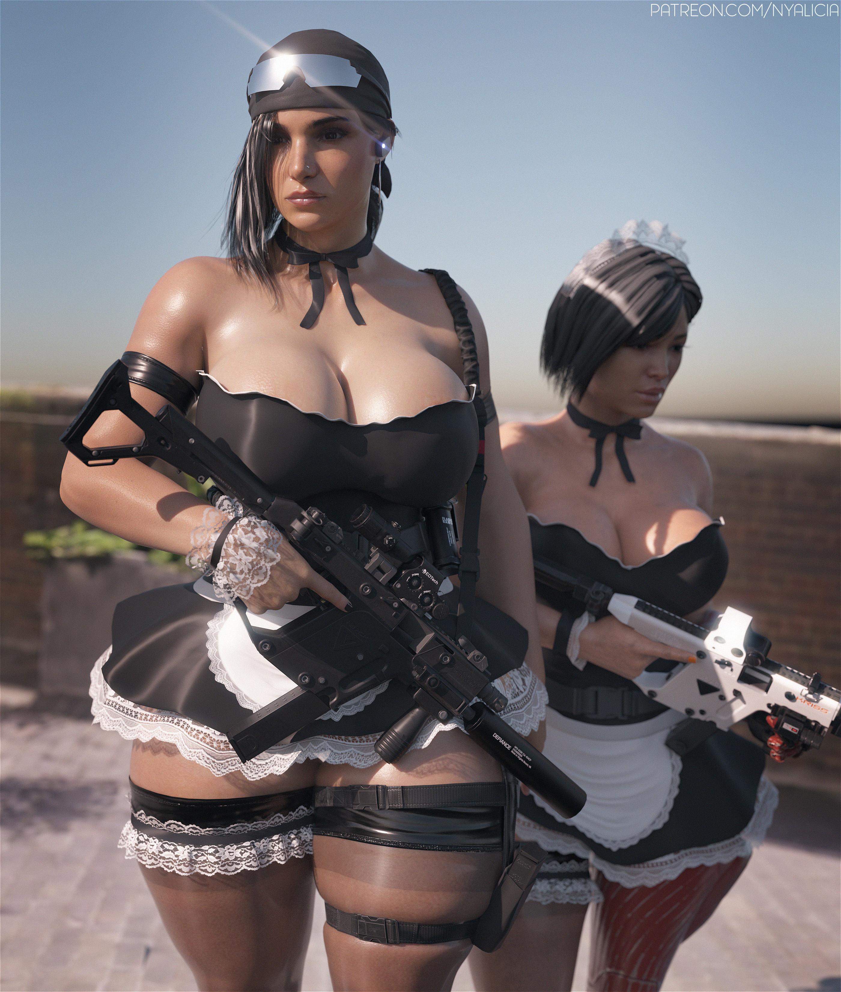 2girls, 3d, aruni (rainbow six), black hair, breasts, clothing, cybernetic limb, dark skin, female, firearm, gun, huge breasts, human, kali (rainbow six), maid, maid headdress, multiple females, multiple girls, nyalicia, pale skin, rainbow six siege, rifle, skindentation, suppressor, thick thighs, weapon, wide hips