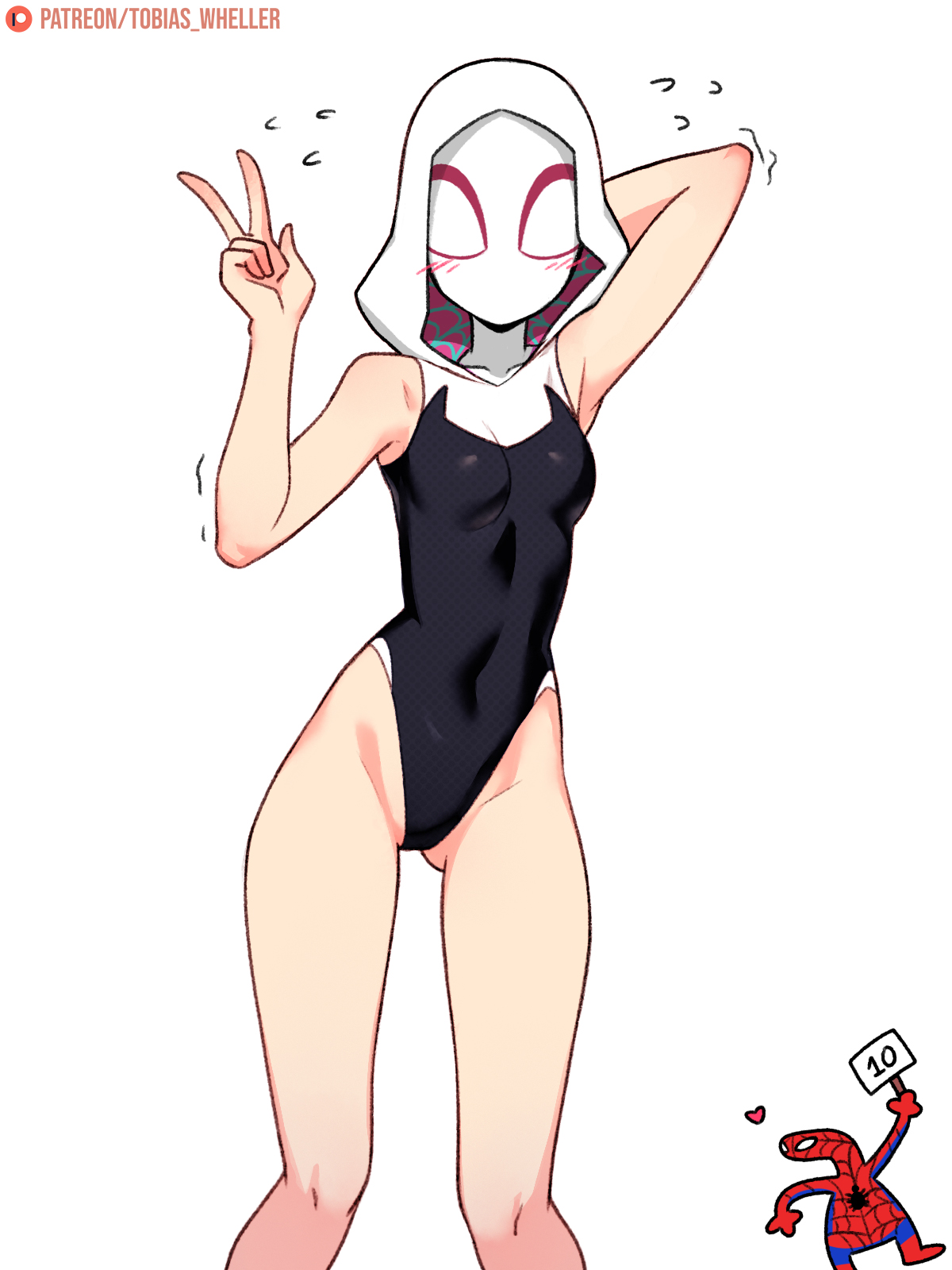 1girls, alternate version available, belly, blonde female, blue eyes, blush, bodysuit, breasts, eyebrow piercing, face covered, female, female focus, female only, ghost-spider, gwen stacy, gwen stacy (spider-verse), hood, hoodie, hourglass figure, light skin, light-skinned female, looking at viewer, marvel, marvel comics, mask, medium breasts, nervous, nervous smile, peace sign, pierced eyebrow, piercing, piercings, solo, solo female, spider-gwen, spider-gwen (spider-verse), spider-man (series), spider-man: across the spider-verse, spooder-man, spooder-man?!, tagme, thighs, tobias wheller, v sign, white background