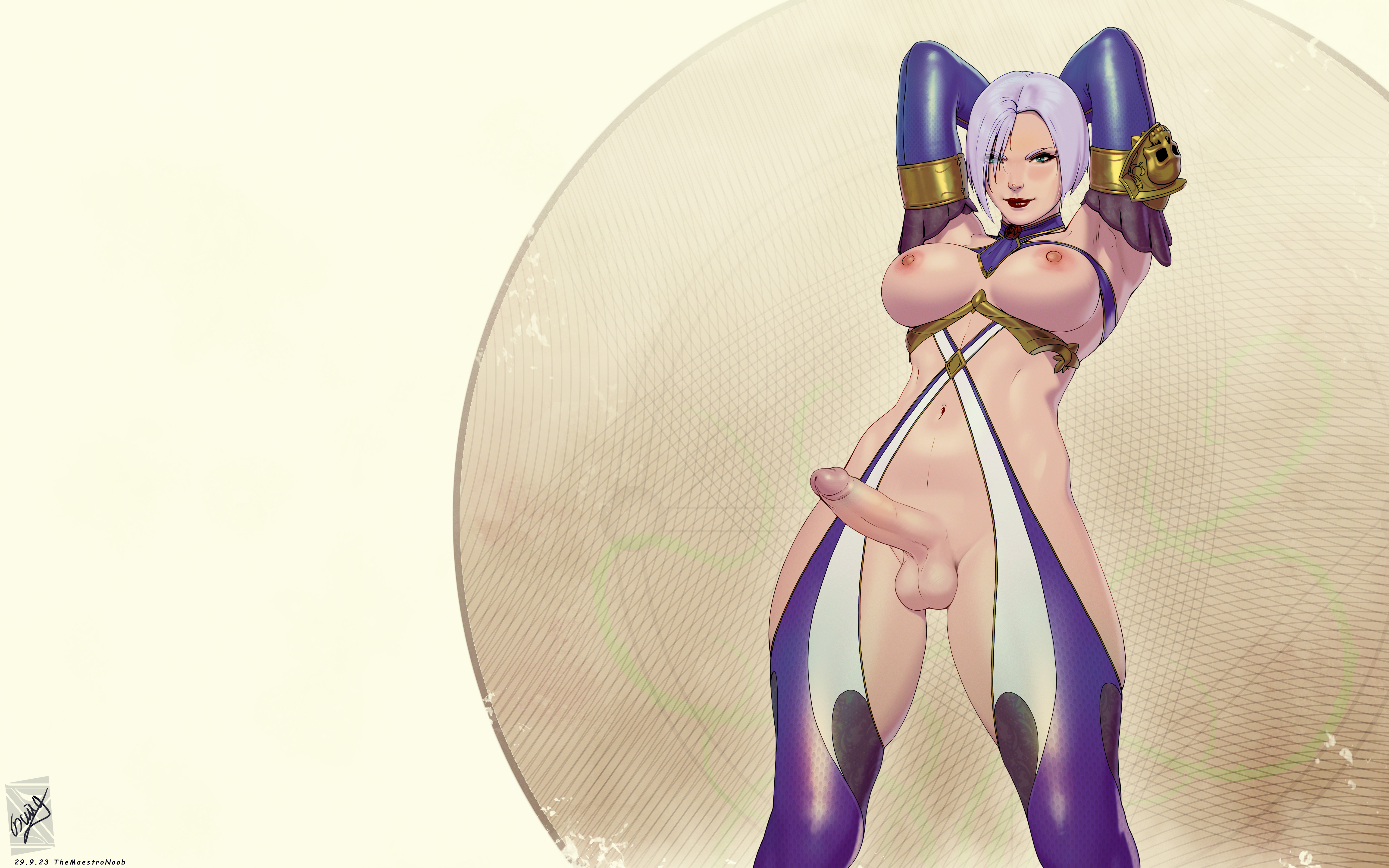 1futa, 1girls, balls, big breasts, breasts, erection, female, functionally nude, futanari, intersex, isabella valentine, penis, purple hair, short hair, solo, soul calibur, testicles, themaestronoob