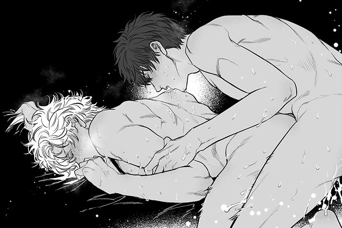 anal anal_sex arm_grab back_muscles bite bite_mark blush bodily_fluids completely_nude cum from_behind gay gintama gintoki_sakata hijikata_toshiro implied_anal male male_only monochrome muscular muscular_male nude o_jaksal on_bed on_stomach sheet_grab sweat yaoi