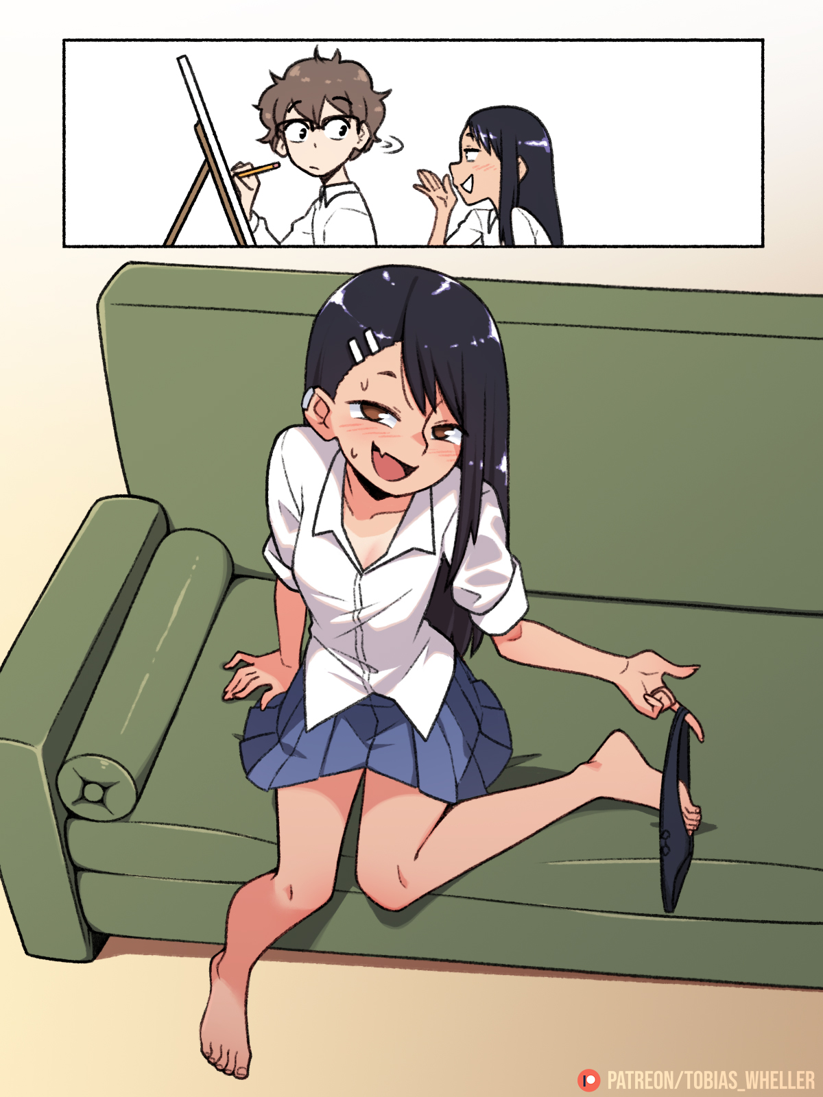 1boy, 1girls, alternate version available, black hair, blush, breasts, brown eyes, brown hair, clothed, clothed female, clothing, comic, couch, fangs, feet, female, glasses, hayase nagatoro, light skin, light-skinned male, long hair, looking at viewer, male, naoto hachioji (senpai), open mouth, panties, panties around leg, panties around one leg, please don't bully me, nagatoro, removing clothing, removing panties, seducing, shirt, short hair, skirt, small breasts, smile, suggestive, suggestive look, sweat, taking clothes off, tan, tan skin, tanned, thighs, tobias wheller, watermark, white background