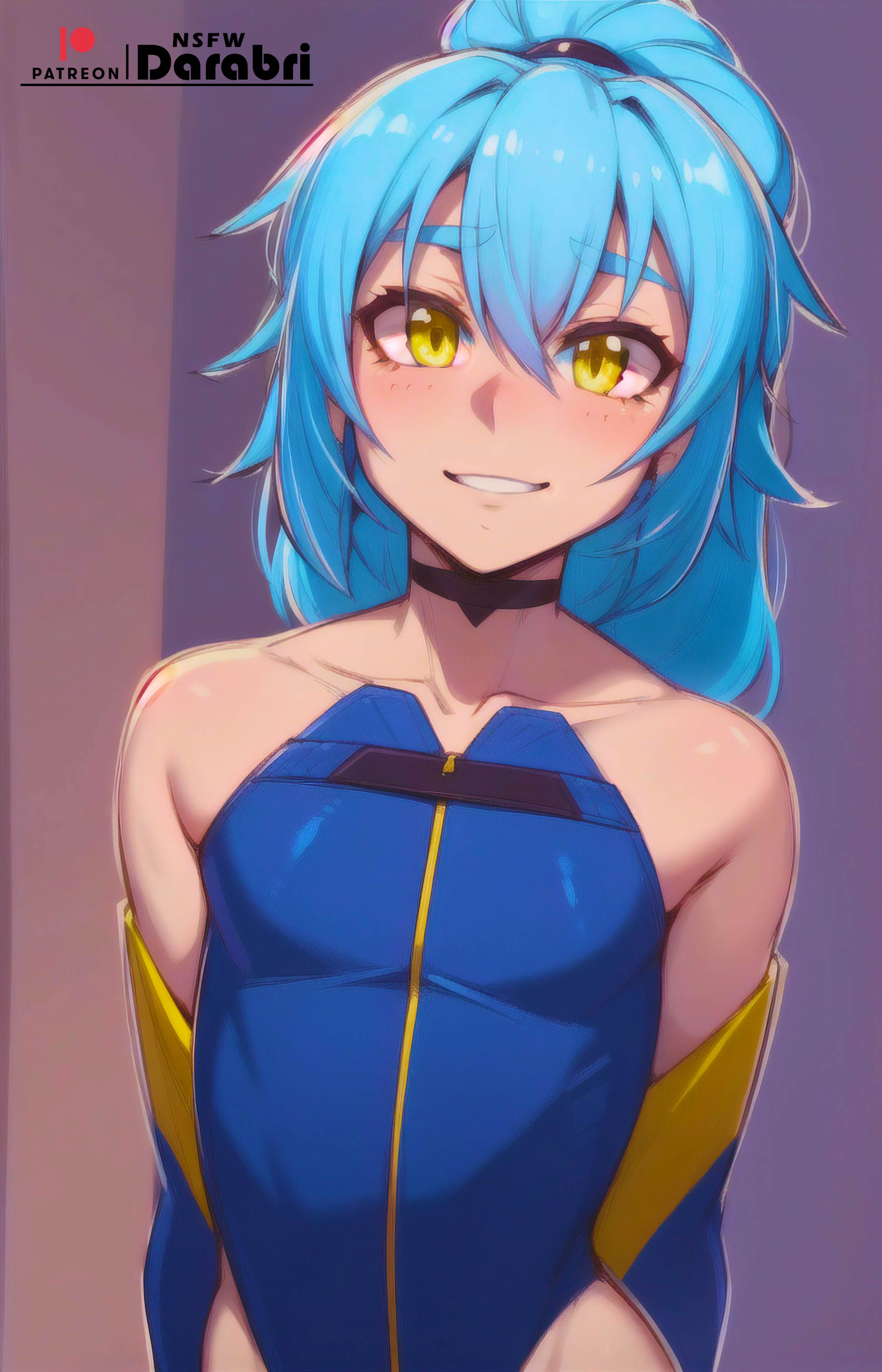1boy, abs, abstract background, absurd res, ai generated, blue hair, blush, blushing at viewer, breasts, bulging breasts, collar, collarbone, color, colored, cute, darabri, detailed, excited, femboy, feminine male, flat chest, flustered, girly, happy, hi res, logo, long hair, looking at viewer, male, male only, otoko no ko, outline, patreon, patreon logo, ponytail, pov, pov eye contact, rimuru tempest, shoulders, simple background, sleeveless, slim, smile, solo, solo focus, standing, tensei shitara slime datta ken, that time i got reincarnated as a slime, tight clothing, tight fit, toned, trap, yellow eyes