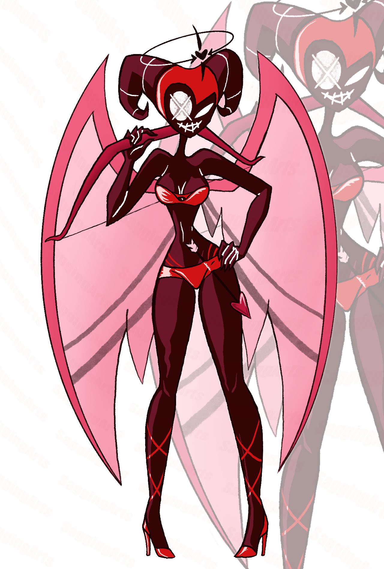 angel angel_humanoid arrow_(weapon) bikini black_body breasts clothed clothing exorcist_(hazbin_hotel) female female_only halo hazbin_hotel helmet hi_res horn humanoid lute_(hazbin_hotel) open_mouth open_smile partially_clothed ranged_weapon saggingarts smile solo standing swimwear thick_thighs weapon