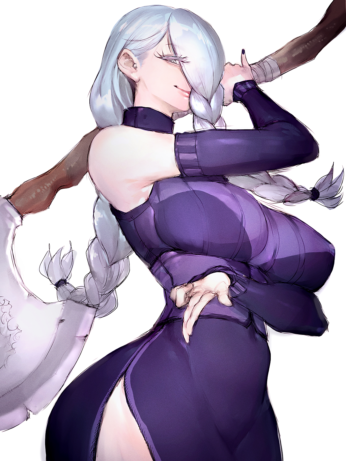 1girls, belly button, belly button visible through clothing, big breasts, blue eyes, braid, braided hair, breasts, busty, child bearing hips, clothed, curves, curvy, curvy female, curvy figure, female, female only, fully clothed, fumio (rsqkr), hair over one eye, hips, holding weapon, jujutsu kaisen, large breasts, light blue eyes, looking at viewer, mei mei (jujutsu kaisen), milf, shounen jump, silver hair, turtleneck, weapon, white hair, wide hips