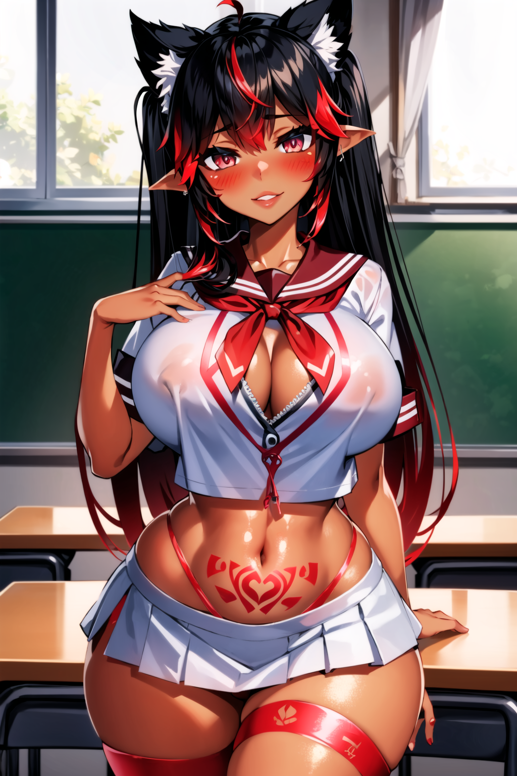 1girls abs accessories accessory ai_art ai_edit ai_generated ai_hands arms ass athletic athletic_female bangs big_butt black_hair blush blushing_at_viewer bow breasts cat_ears catgirl classroom curvy curvy_body curvy_female curvy_figure curvy_thighs cute cute_expression cute_face elf_ears female female_ass female_focus fingers fit fit_female front_view functionally_nude girl hand_on_chest humanoid jewelry kinky_karma_vr knees leaning legs light light-skinned_female light_skin long_hair mature_female mature_woman megazard messy messy_hair nipples no_bra no_pants pale_skin perky_breasts perky_nipples pierced_ears piercing piercings pink_eyes pose posing pubic_tattoo red_hair red_tattoo round_ass round_butt school school_desk school_girl school_uniform schoolgirl schoolgirl_uniform see-through see-through_clothing short_skirt shorter_female skimpy skimpy_clothes skimpy_outfit skirt smile smiling smiling_at_viewer solo solo_female solo_focus tan_skin tattoo tattoos thick_ass thick_thighs thigh_gap thigh_strap thighs thong thong_panties two_tone_hair white_sclera window