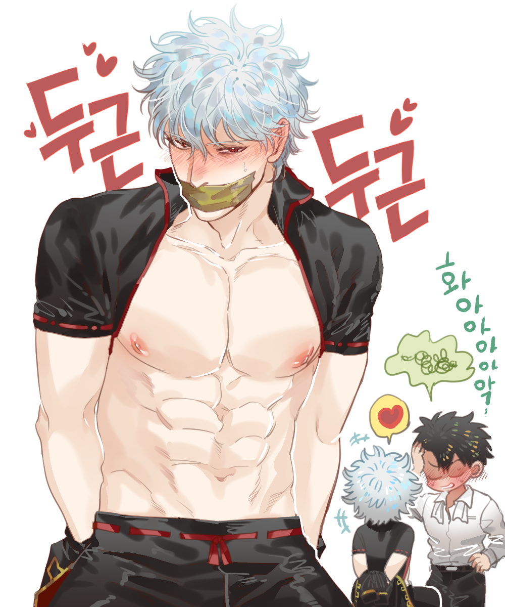 2boys abs arms_behind_back arms_tied blush bound gay gintama gintoki_sakata hijikata_toshiro male male_only muscular muscular_male o_jaksal open_shirt pale-skinned_male pale_skin pecs police_officer police_uniform popped_collar red_eyes restrained shinsengumi_(gintama) silver_hair sitting sweat tape tape_gag taped_mouth white_hair yaoi