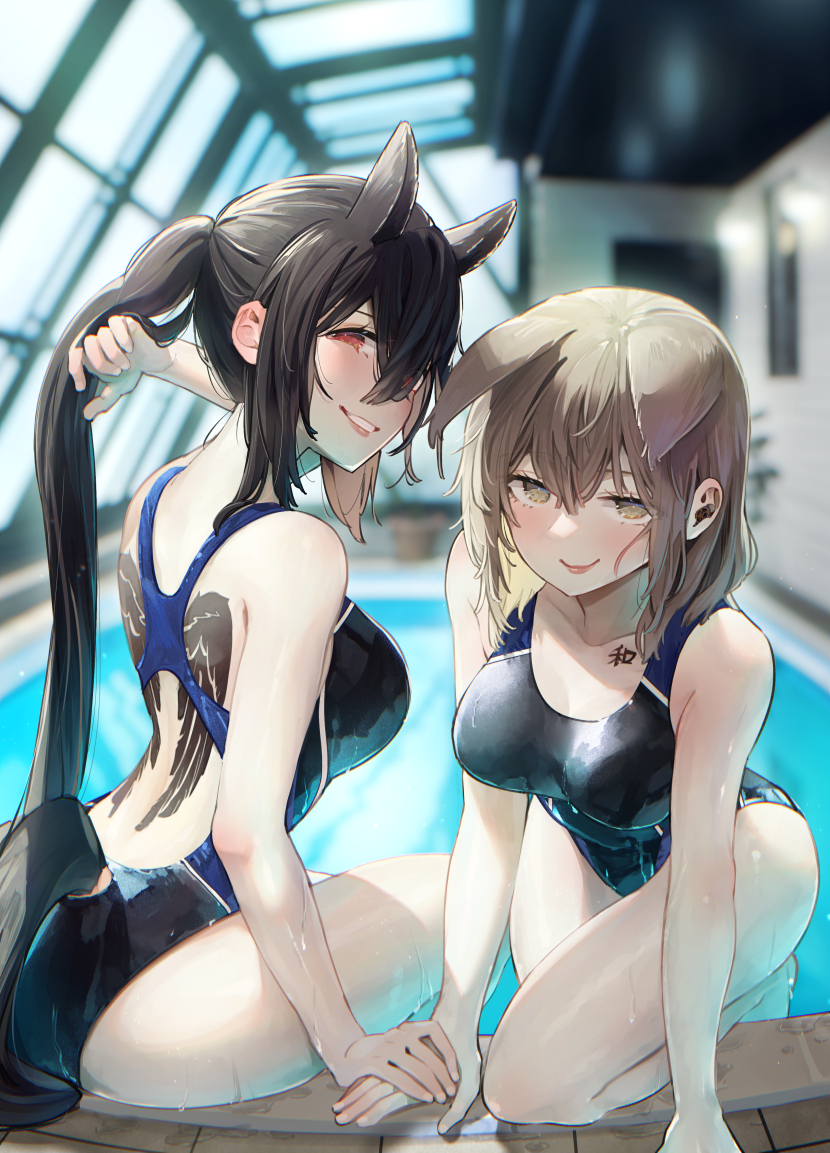 2girls animal_ears ass back_tattoo backless_outfit black_hair black_swimsuit blonde_hair blush breasts cleavage grin hanazono_room horse_ears horse_girl horse_tail large_breasts long_hair looking_at_viewer multiple_girls one-piece_swimsuit pointy_hair ponytail pool red_eyes rei_no_pool saki_kurokoma seductive short_hair sitting smile swimsuit syuri22 tail tattoo touhou toyosatomimi_no_miko wing_tattoo yellow_eyes