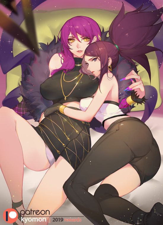 2d, 2girls, akali, ass, breasts, brown hair, clothing, evelynn, female, female only, high-angle view, huge breasts, k/da akali, k/da evelynn, k/da series, kyomon, league of legends, light skin, light-skinned female, looking at viewer, looking back, medium breasts, multiple females, multiple girls, necklace, panties, purple hair, riot games, thick, thick ass, thick thighs, tied hair, tight clothing