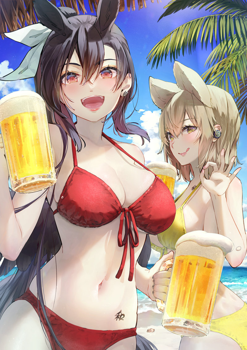 2girls alcohol beach beer bikini black_hair black_nails black_wings blonde_hair blue_sky breasts cleavage earbuds earphones feathered_wings hair_ribbon horse_ears horse_girl large_breasts long_hair looking_at_viewer multiple_girls navel ocean ok_sign open_mouth outside painted_nails palm_tree pink_nails pointy_hair ponytail red_bikini red_eyes saki_kurokoma short_hair sky smile swimsuit syuri22 tongue_out touhou toyosatomimi_no_miko wings yellow_bikini yellow_eyes