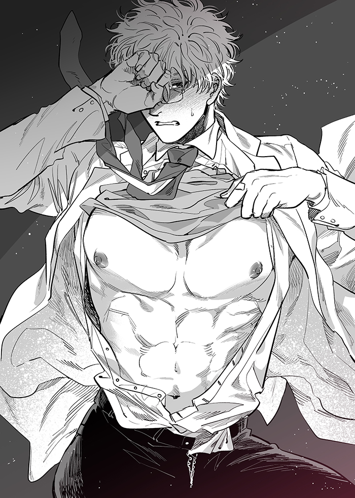 abs big_pecs blush class_3-z covering_face covering_self embarrassed gintama gintoki_sakata glasses labcoat looking_at_viewer male male_only monochrome muscular muscular_male necktie o_jaksal official_alternate_costume open_shirt shirt_lift solo sweatdrop teacher unbuttoned unbuttoned_shirt