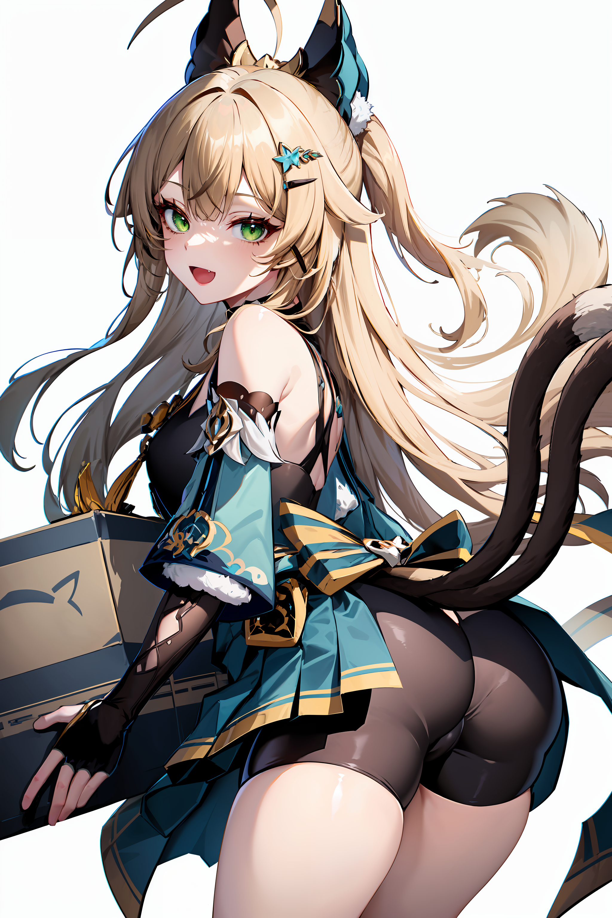 ai generated, animal ears, ass, blonde hair, blush, breasts, cat ears, cat tail, female, from behind, genshin impact, gloves, green eyes, huge ass, japanese clothes, kimono, kirara (genshin impact), long hair, looking at viewer, looking back, medium breasts, multi tail, open mouth, shiny, shiny clothes, shiny hair, shiny skin, short shorts, shorts, sideboob, smile, solo, tail, tails, very long hair