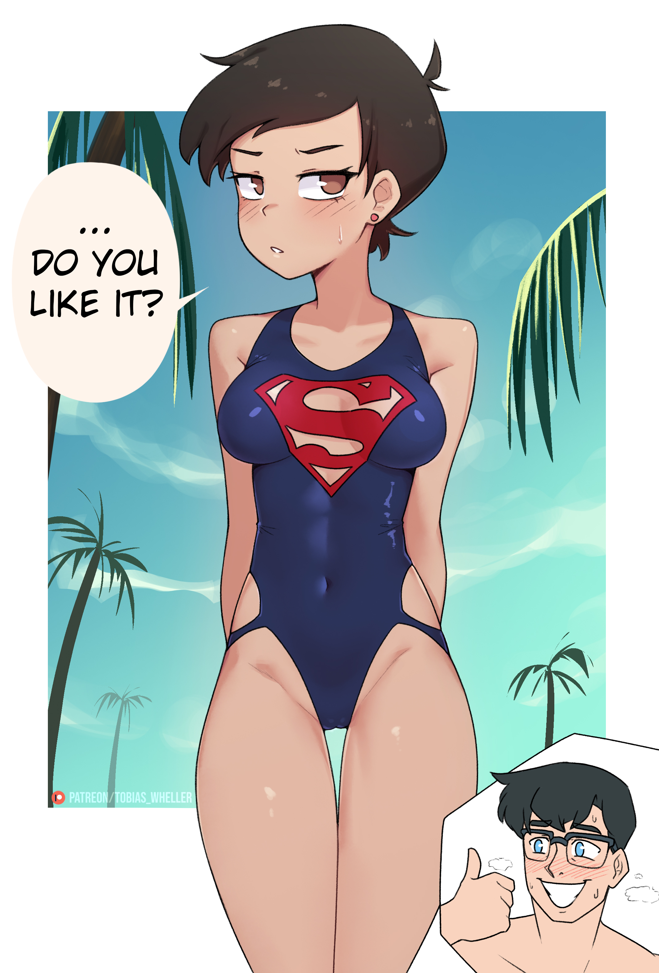 1boy, 1girls, alternate version available, belly, black hair, breasts, brown eyes, cameltoe, clark kent, clark kent (my adventures with superman), dc, dc comics, dialogue, earrings, female, female focus, kal-el, lois lane, lois lane (my adventures with superman), male, medium breasts, my adventures with superman, one-piece swimsuit, pussy, superman, superman (clark kent), superman (series), swimsuit, tagme, tan skin, tan skinned female, text, text bubble, tobias wheller, tomboy