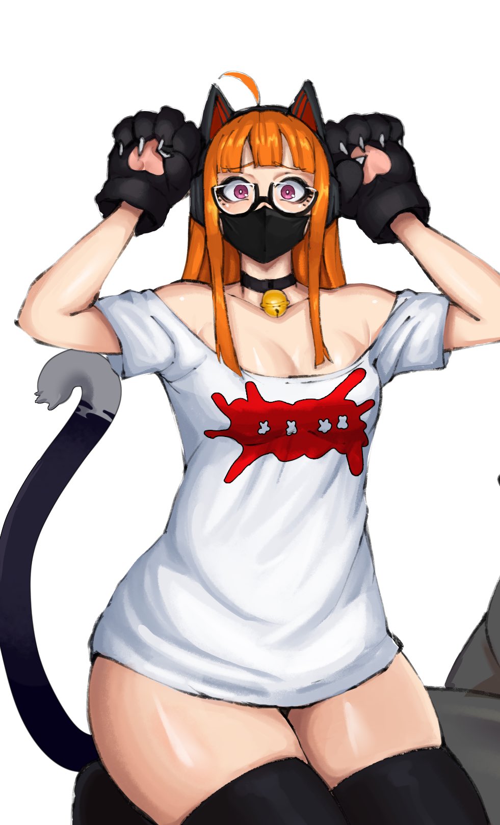 1girls, breasts, face mask, female, female only, huge thighs, long hair, looking at viewer, masked, mobi mobi, orange hair, persona, persona 5, sakura futaba, small breasts, solo female, solo focus, thick thighs