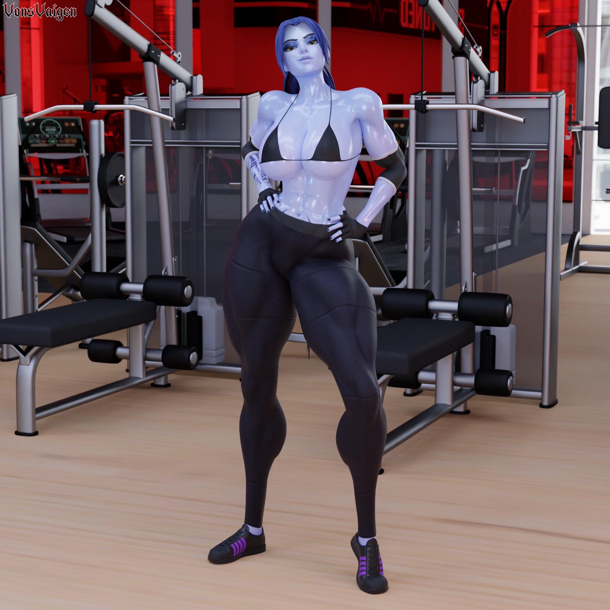1girls, 3d, abs, amelie lacroix, ass, big ass, big breasts, bikini top, blizzard entertainment, bra, breasts, female, female only, fit, fit female, gym, looking at viewer, muscular, muscular arms, muscular thighs, overwatch, overwatch 2, purple skin, solo, tattoo, thick thighs, tights, vonsvaigen, wide hips, widowmaker, yellow eyes
