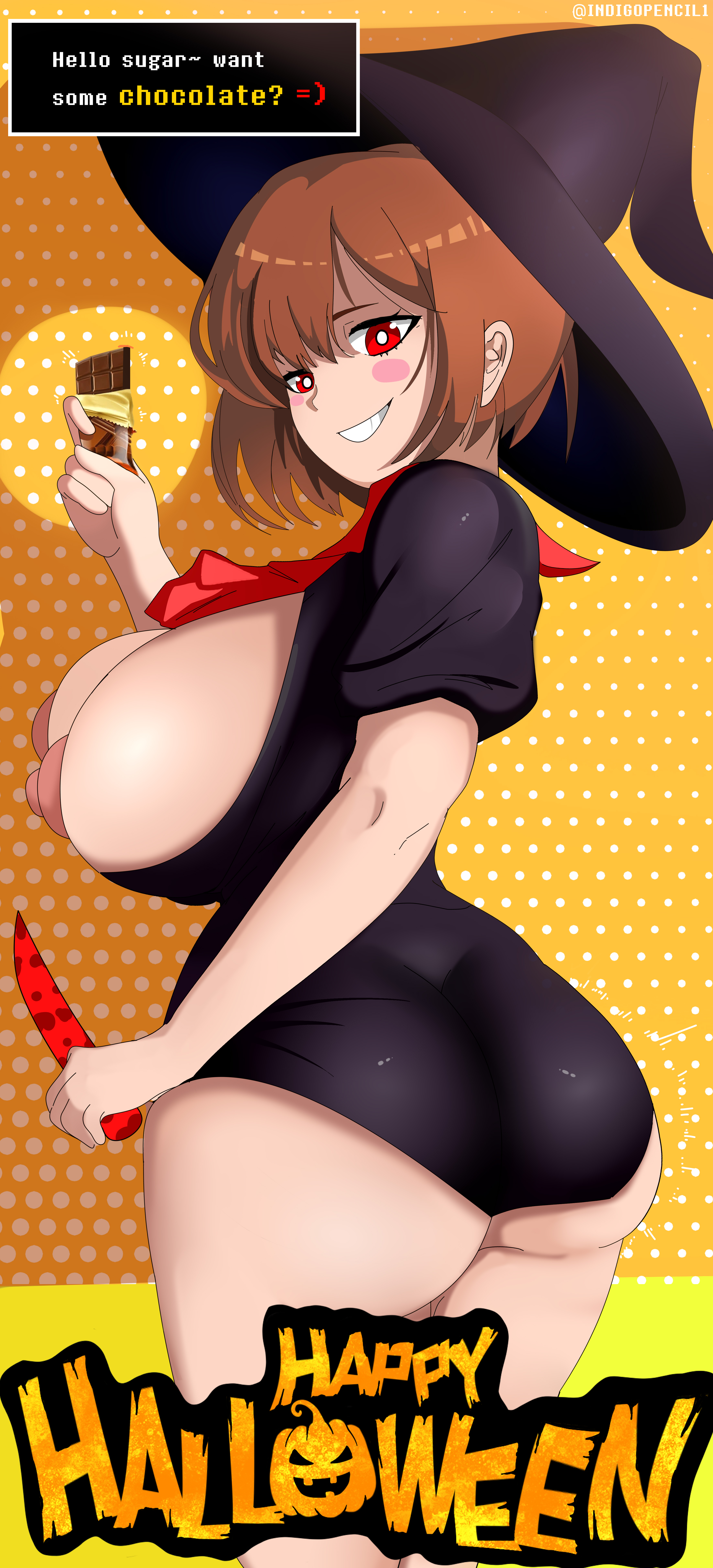 ass, big ass, big breasts, big butt, big nipples, breasts, brown hair, chara, chocolate, digital media (artwork), ecchi, female, female chara, halloween, halloween costume, holidays, human, indigopencil, milf, red eyes, solo, twitter, uncensored, undertale, undertale (series), undertale fanfiction, visible breath