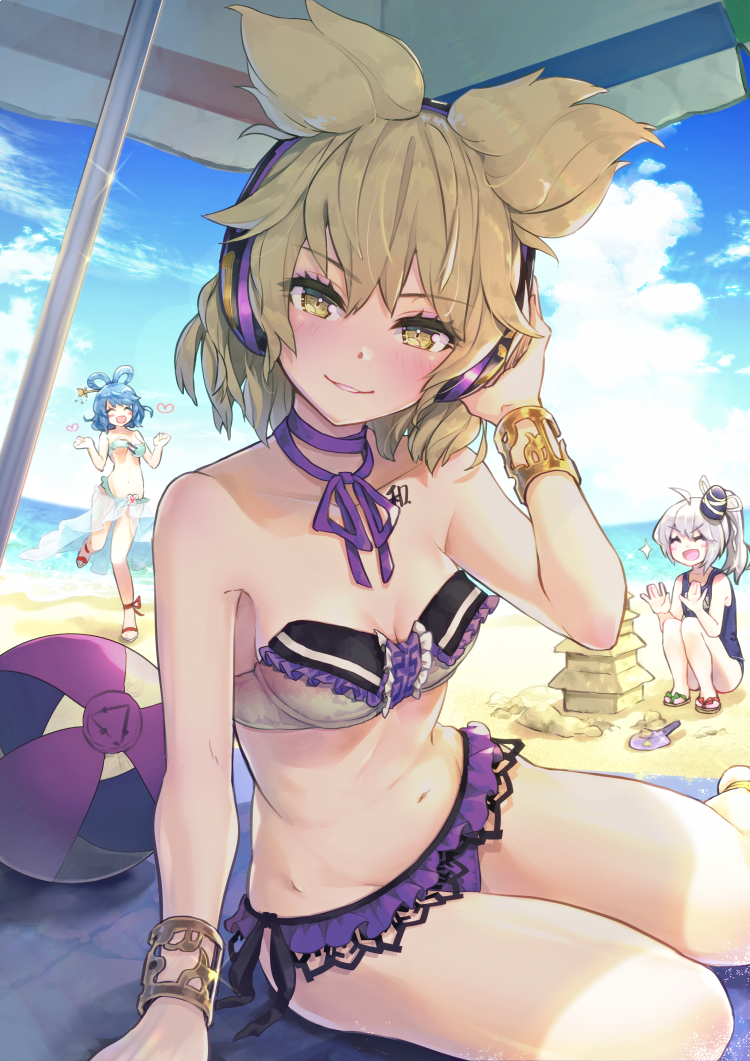 3girls beach beach_ball beach_towel beach_umbrella bikini blonde_hair blue_sky blush bracelet clouds earmuffs looking_at_viewer mononobe_no_futo multiple_girls navel ocean one-piece_swimsuit outside sand_castle school_swimsuit seiga_kaku sitting small_breasts smile swimsuit syuri22 tattoo thighs touhou toyosatomimi_no_miko yellow_eyes