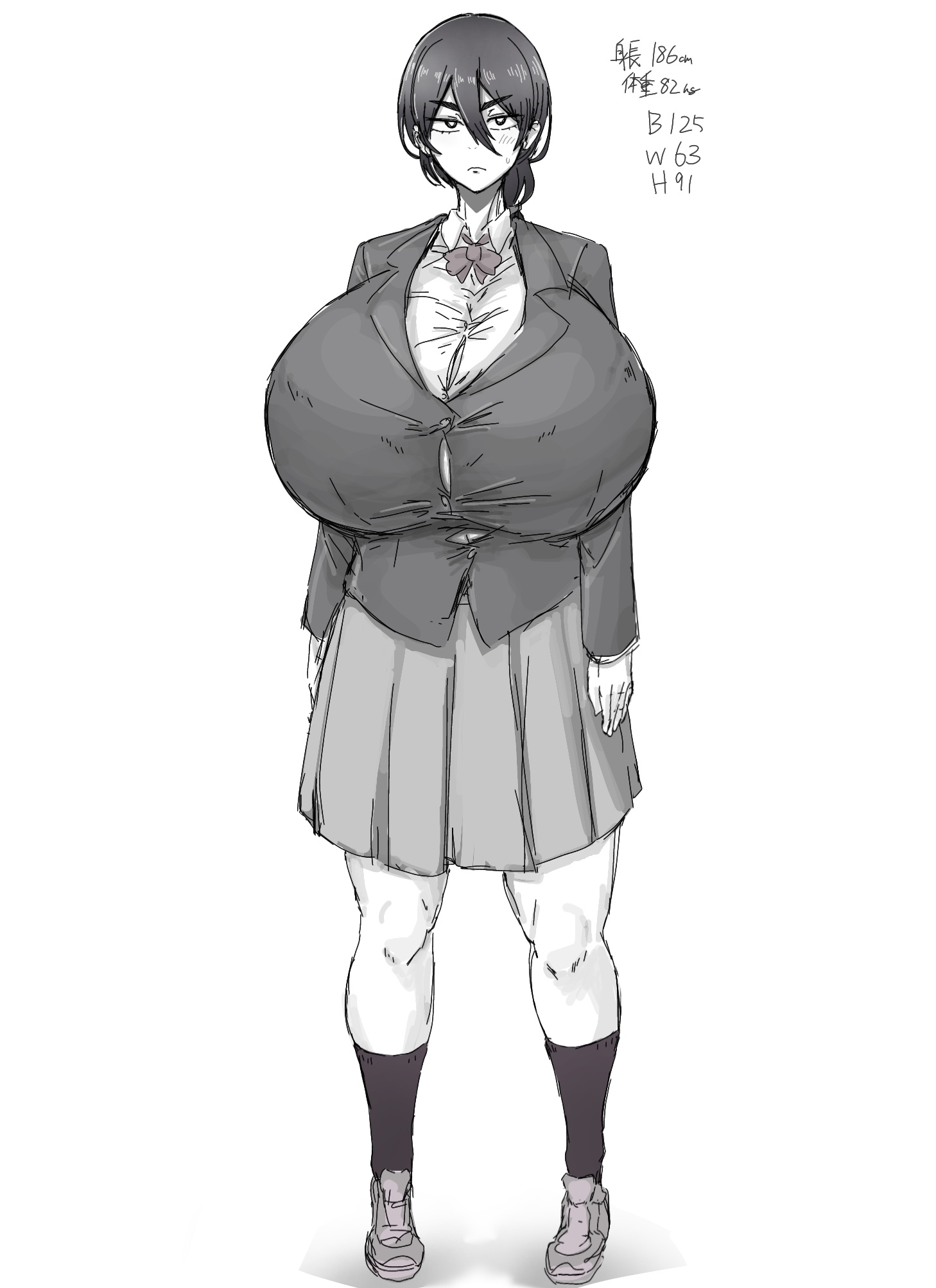 1girls, big breasts, black and white, black hair, blush, blushing, breasts, busty, clothed, dark hair, female, female only, full body, fully clothed, gigantic breasts, huge breasts, large breasts, nidoto milna, school uniform, schoolgirl, schoolgirl uniform, sketch, tagme, thick eyebrows