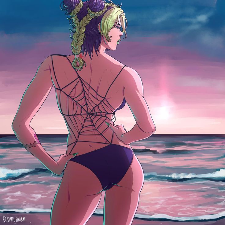 1girls 2d arms_on_waist beach bikini black_hair female female_only green_hair jojo's_bizarre_adventure jolyne_kujo light-skinned_female long_hair looking_away low-angle_view medium_breasts partially_clothed posing stone_ocean tattoo thick thick_ass thick_thighs tied_hair