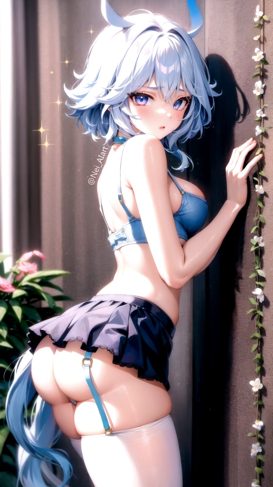 against wall, ahoge, ai generated, ass, bare shoulders, blue eyes, blue hair, blush, bra, breasts, embarrassed, female, from side, furina (genshin impact), garter straps, genshin impact, huge ass, long hair, looking at viewer, medium breasts, miniskirt, neirumi, open mouth, shiny, shiny hair, shiny skin, sideboob, silver hair, skirt, solo, thighhighs, thong, two-tone hair, very long hair