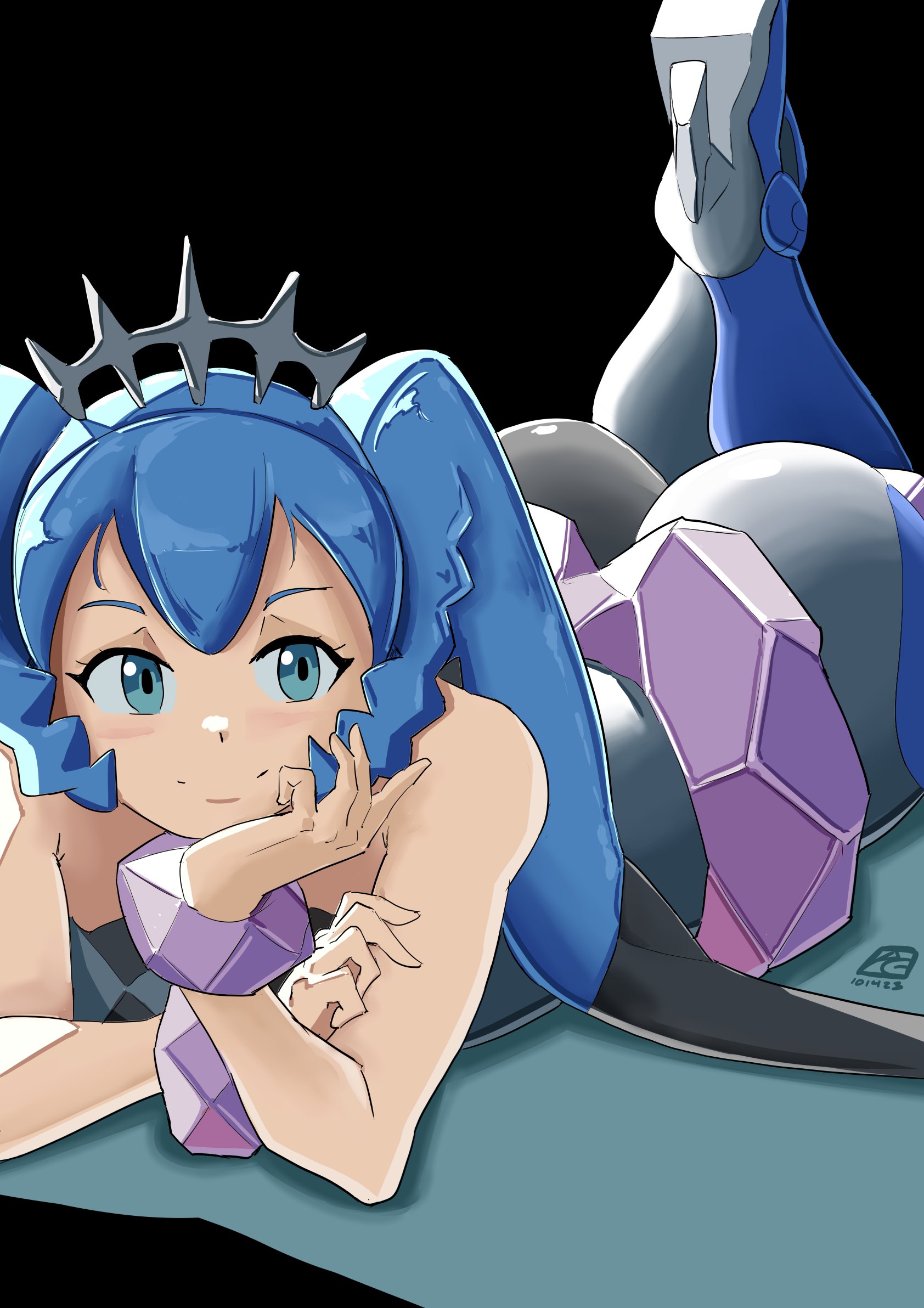 1girl, 1girls, ass, automatic giraffe, bangs, big ass, big butt, blue eyes, blue hair, blush, bodysuit, bracelet, closed mouth, crossover, eyelashes, female, female only, hatsune miku, hatsune miku (rock-type trainer), head rest, hi res, high heels, jewelry, light skin, light-skinned female, long hair, lying, official alternate costume, on stomach, pokemon, project voltage, smile, solo, tagme, tiara, twintails, vocaloid