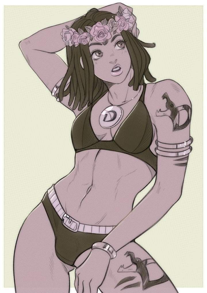 1girl 2d abs androgynous armband armlet artist_request bikini black_and_white black_hair bracelet breasts dark-skinned_female dark_skin dragona_joestar dreadlocks flower_crown flowers_in_hair girly human jojo's_bizarre_adventure lips long_hair looking_away looking_up low-angle_view male monochrome māhū necklace panties partially_clothed shounen_jump solo tattoo tattoos the_jojolands thick thick_thighs toned underwear