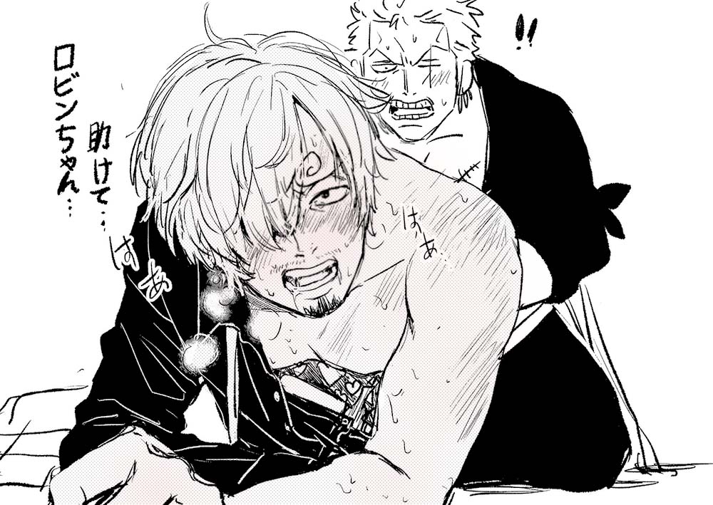 !, 2boys, all fours, anal, anal sex, blush, breath, chiefvinsmoke, clothed sex, doggy style, facial hair, from behind, gay, goatee, hair over one eye, implied anal, japanese text, male, male only, messy hair, monochrome, off shoulder, one piece, open mouth, post-timeskip, roronoa zoro, surprised, sweat, vinsmoke sanji, yaoi