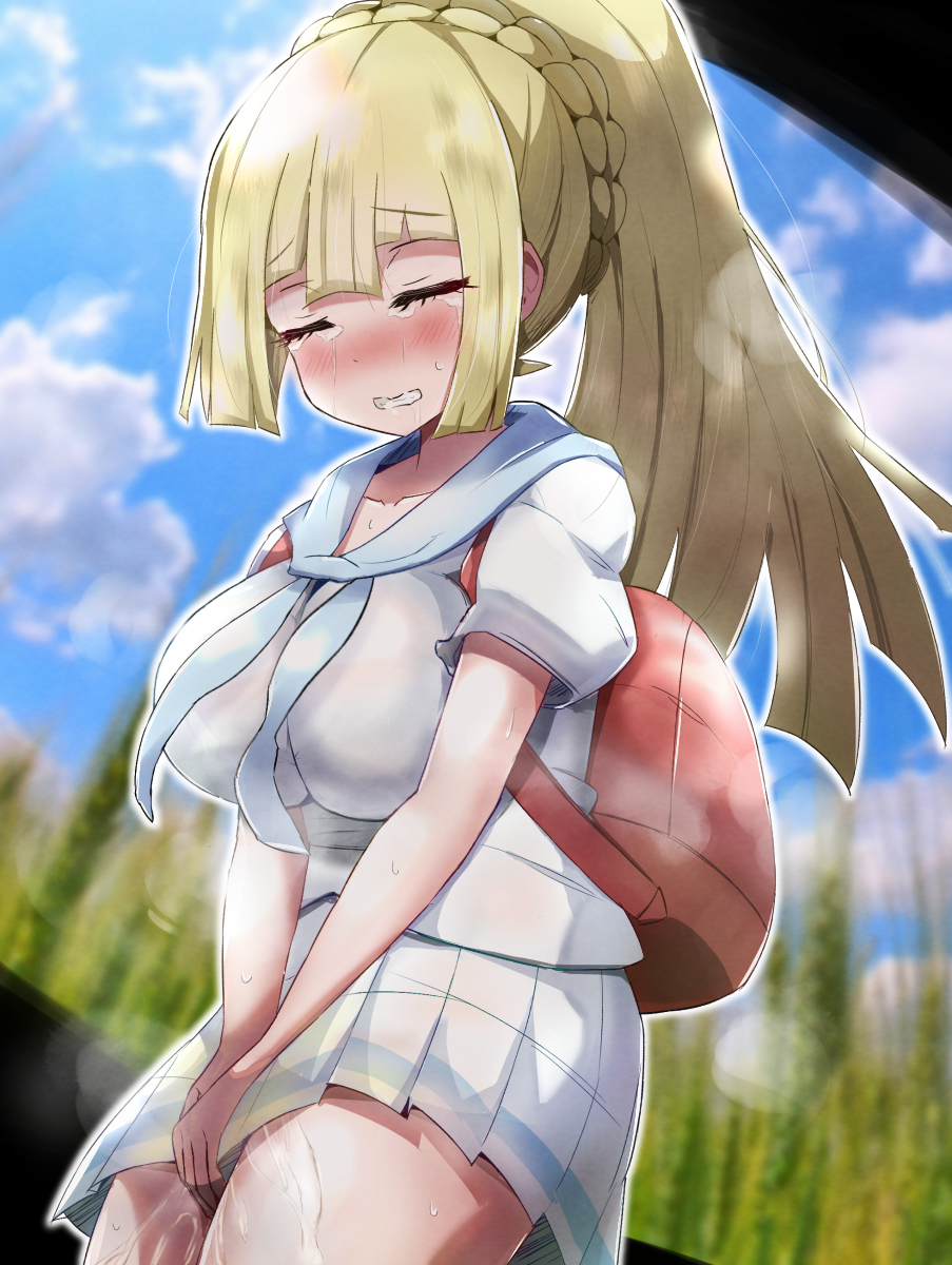 alternate_breast_size backpack bag between_legs blonde_hair blue_sky blunt_bangs blurry blurry_background blush braid breasts clenched_teeth closed_eyes cloud collarbone cowboy_shot creatures_(company) crying day drooling dutch_angle female female_focus french_braid game_freak hand_between_legs have_to_pee highres large_breasts lillie_(pokemon) long_hair miniskirt misahiro nintendo outdoors outline own_hands_together peeing peeing_self pleated_skirt pokemon pokemon_(game) pokemon_sm ponytail saliva shirt short_sleeves sidelocks skirt sky solo standing steam sweat tears teeth tree urine v_arms wet wet_clothes white_outline white_shirt white_skirt