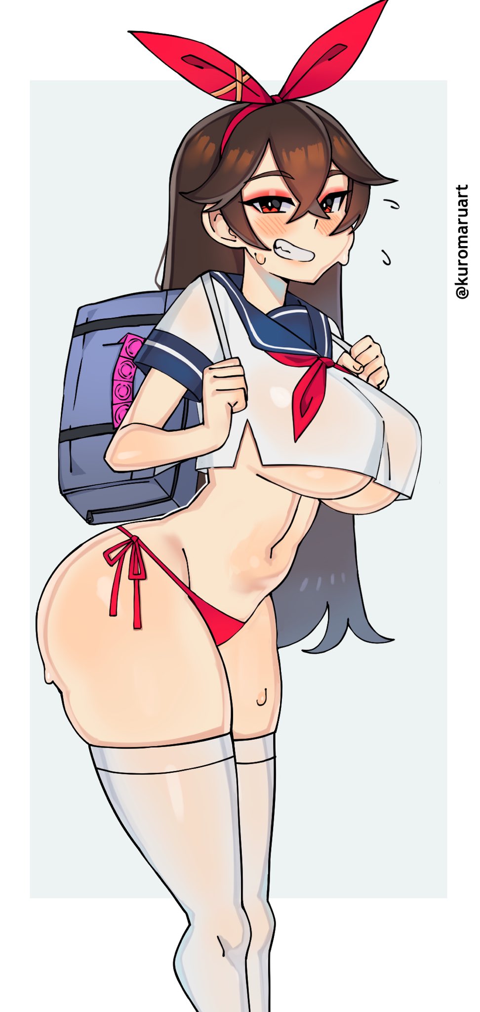 amber (genshin impact), ass, bag, big ass, big breasts, breasts, brown hair, condoms, female, genshin impact, kuromaruart, looking at viewer, school uniform, thighhighs, white legwear