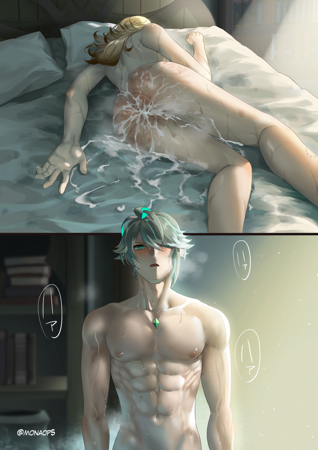 2boys alhaitham_(genshin_impact) ass_focus bare_legs blonde_hair_male blush genshin_impact green_eyes grey_hair kaveh_(genshin_impact) male male/male male_only monaop5 muscles muscular_male naked nipples no_visible_genitalia nude sweating yaoi