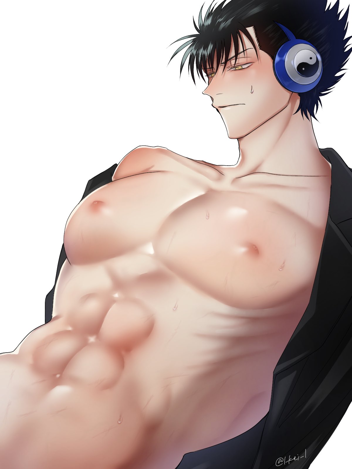 abs bare_chest big_pecs black_hair gintama headphones kawakami_bansai l_kei_l leather_jacket male male_only muscular muscular_male nervous off_shoulder open_clothes open_jacket pecs solo spiky_hair sweat sweatdrop yellow_eyes yin_yang