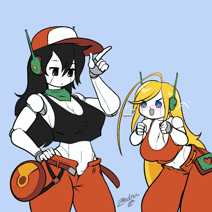 2girls big_breasts big_thighs black_hair blonde_hair bloody_nose canon_couple canon_panties cave_story curly's_panties curly_brace genderswap genderswap_(mtf) large_breasts large_thighs multiple_girls panties quote_(cave_story) robot robot_girl rule_63 yuri zedrin