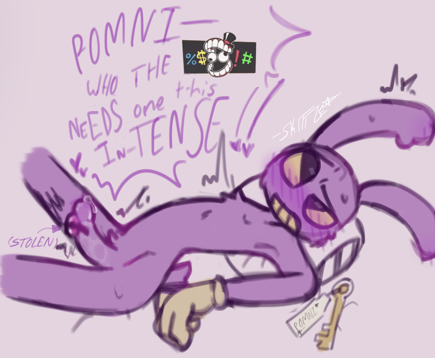 1boy, bunny boy, dialogue, dumbfound ritz, english text, eyes rolling back, furry, glitch productions, gloves, gloves only, gooseworx, jax (the amazing digital circus), key, male, male focus, male only, penis, pillow, precum, precum drip, purple body, rabbit ears, rabbit humanoid, sex toy, tail, the amazing digital circus, vibrator, vibrator on penis, yellow eyes, yellow teeth