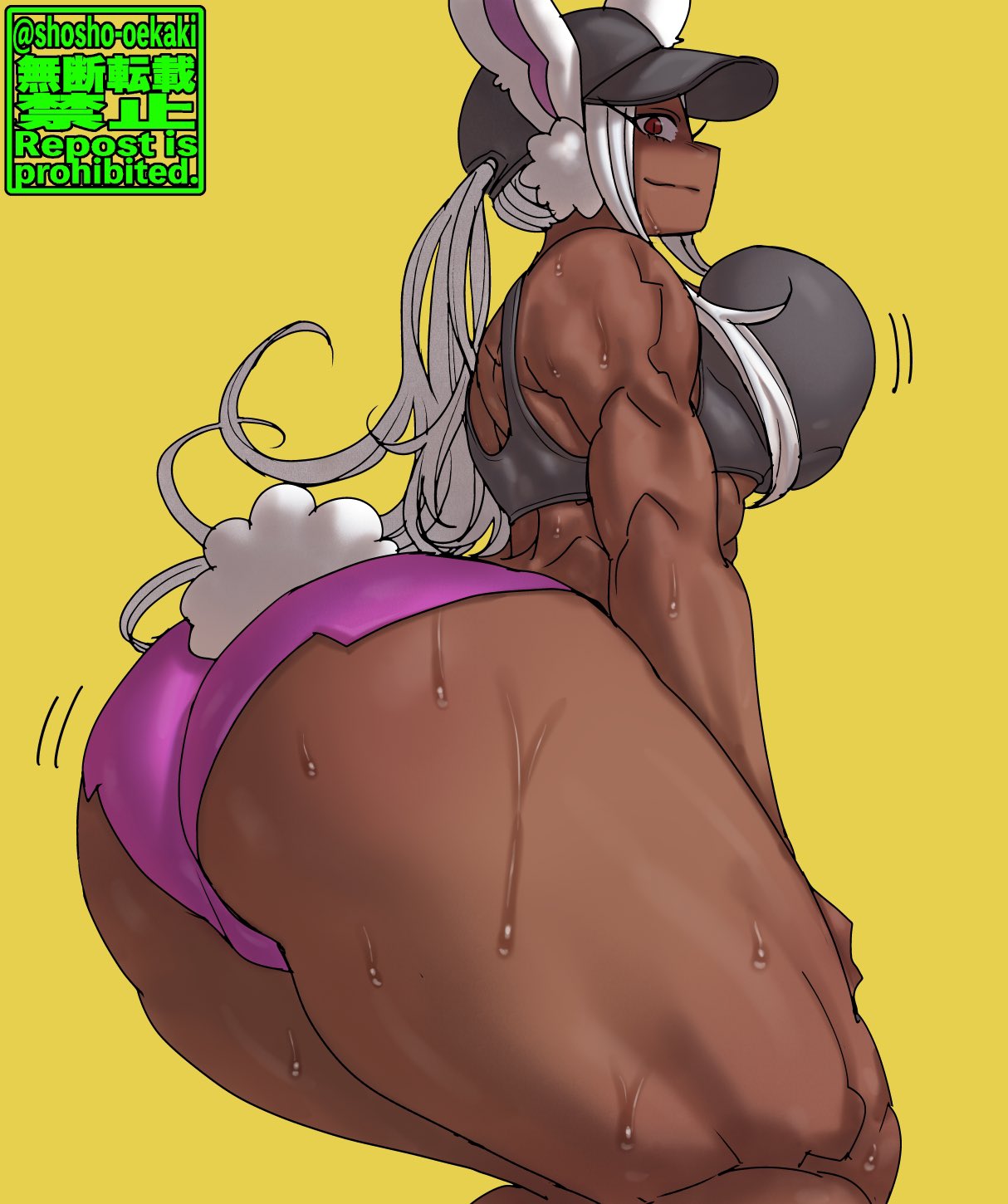 1girls, ass, big ass, big breasts, big butt, breasts, bunny ears, bunny tail, cap, dark skin, dark-skinned female, eyebrows, fat ass, female, female only, hat, huge thighs, large ass, large breasts, looking at viewer, miruko, muscular, muscular arms, muscular back, muscular female, muscular thighs, my hero academia, ponytail, rabbit ears, red eyes, rumi usagiyama, shorts, shosho oekaki, solo, solo female, solo focus, sweat, sweatdrop, sweating, sweaty body, thick ass, thick legs, thick thighs, thighs, twerking, white hair, wide hips