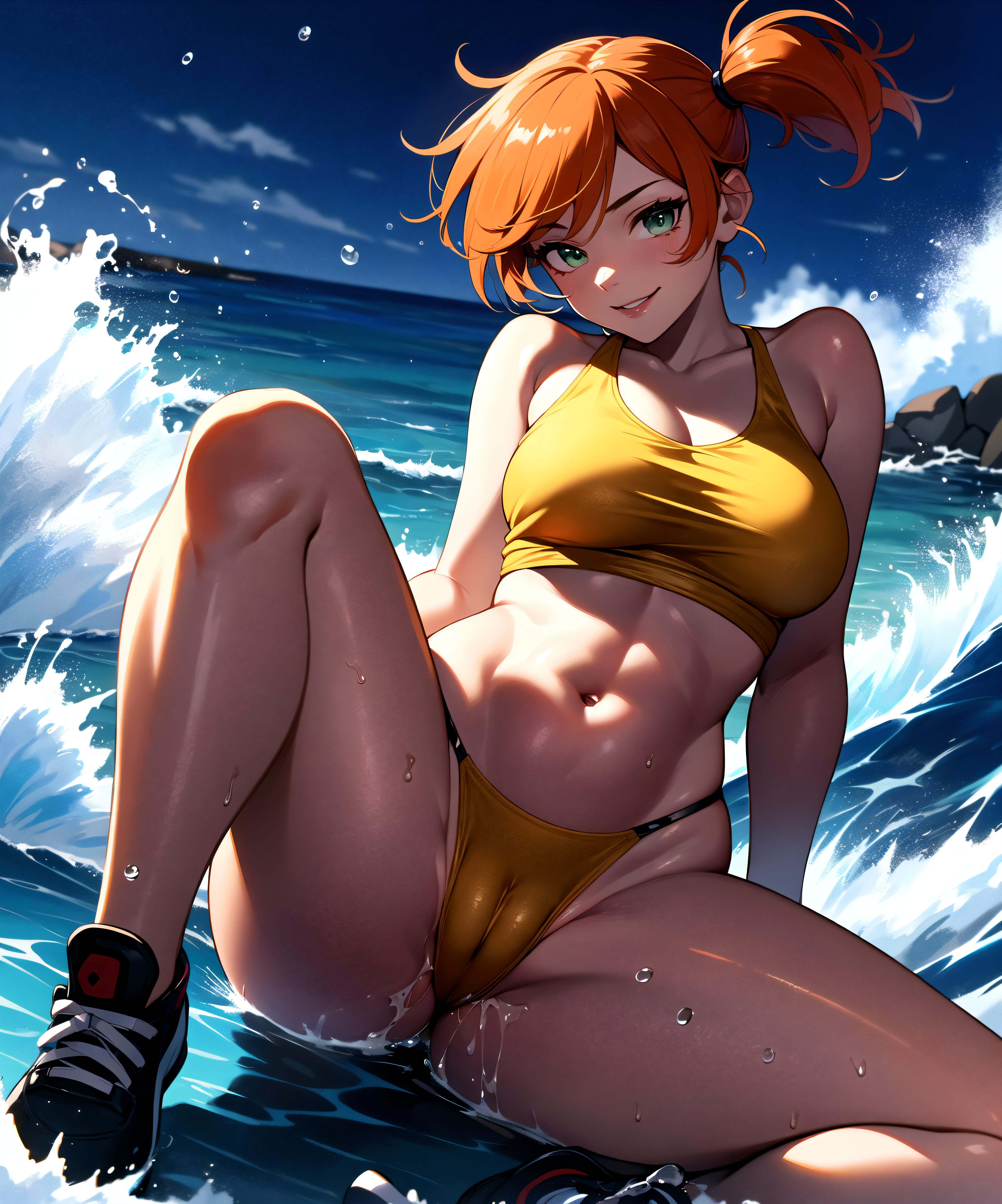 abs, adapted costume, ai generated, armpits, asymmetrical hair, bangs, bare legs, bikini, blue bikini, blue swimsuit, breasts, cameltoe, clothing, cowboy shot, eyelashes, female, female only, game freak, gen 1 pokemon, green eyes, gym leader, hair tie, high resolution, hips, kasumi (pokemon), legs, navel, nintendo, nipples, orange hair, pokemon, pokemon (anime), pokemon (game), pokemon character, pokemon rgby, pokemon species, pokemon trainer, ponytail, pussy, shirt, short hair, shorts, side ponytail, solo, swimsuit, thighs, tied hair, water, wet