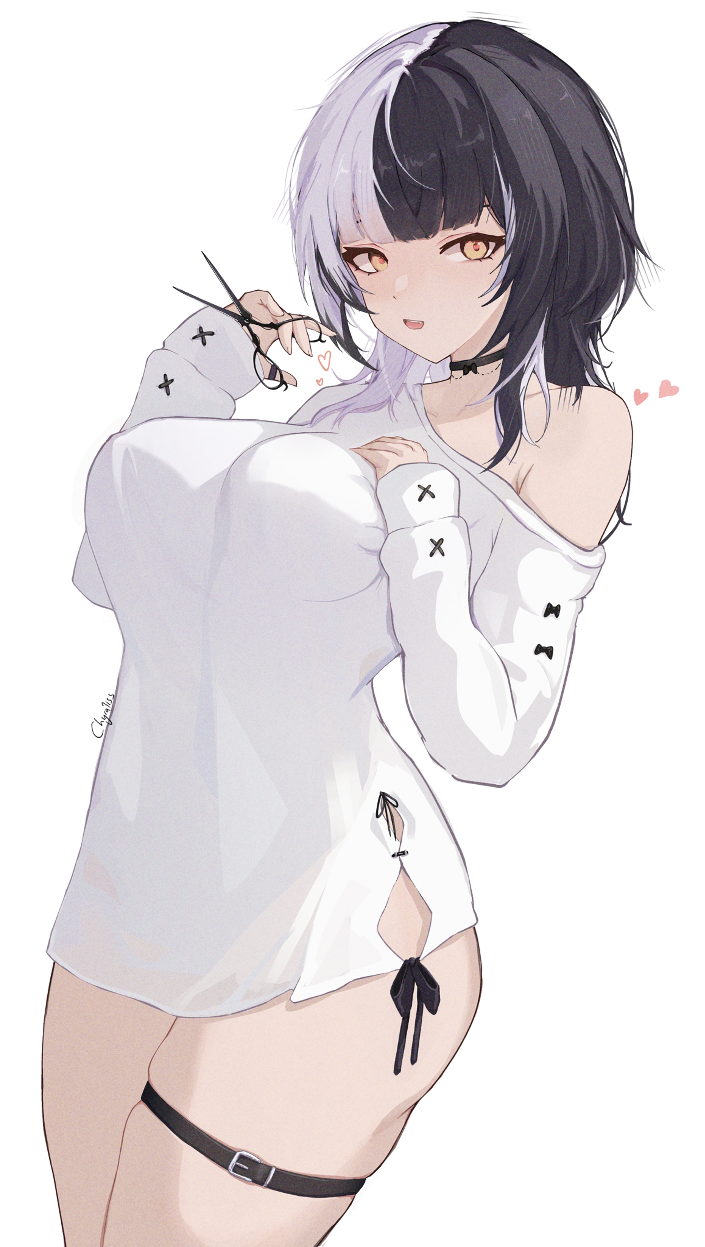 1girls, bare shoulders, black choker, black hair, breasts, chyraliss, female, hololive, hololive english, hololive english -advent-, large breasts, multicolored hair, open mouth, shiori novella, smile, thighs, two-tone hair, virtual youtuber, white background, white hair, yellow eyes
