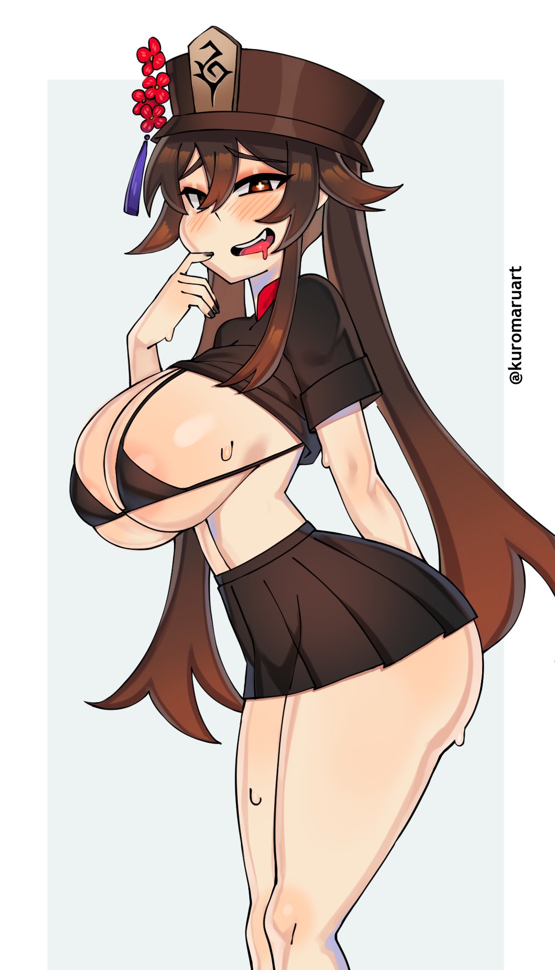 aroused, ass, big ass, big breasts, breasts, female, genshin impact, hat, horny, hu tao (genshin impact), kuromaruart, large breasts, light skin, light-skinned female, looking at viewer, skirt, solo, solo female, standing, tagme, thick thighs