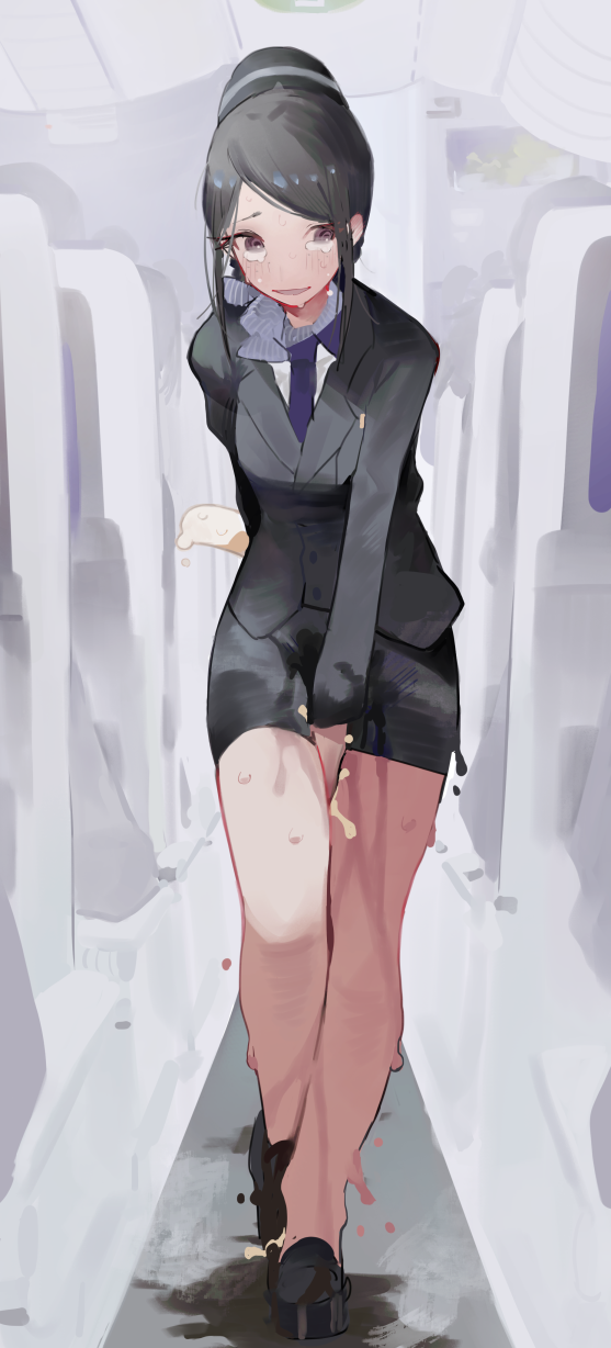 airplane_interior bad_id bad_pixiv_id between_legs black_footwear black_hair black_headwear black_jacket black_skirt blush breasts brown_eyes buttons cat_girl cat_tail crying embarrassed female female_focus flight_attendant full_body hand_between_legs hat have_to_pee heel_up highres indoors jacket leaning_forward legs_together long_sleeves looking_to_the_side miniskirt mumu_(mumumu_gaman) necktie nervous_smile omorashi open_mouth original peeing peeing_self pencil_skirt puddle purple_necktie shirt shoes short_hair sidelocks skirt small_breasts smile solo standing steam swept_bangs tail tears travel_attendant urine urine_meter wet wet_clothes wetting wetting_clothing white_shirt