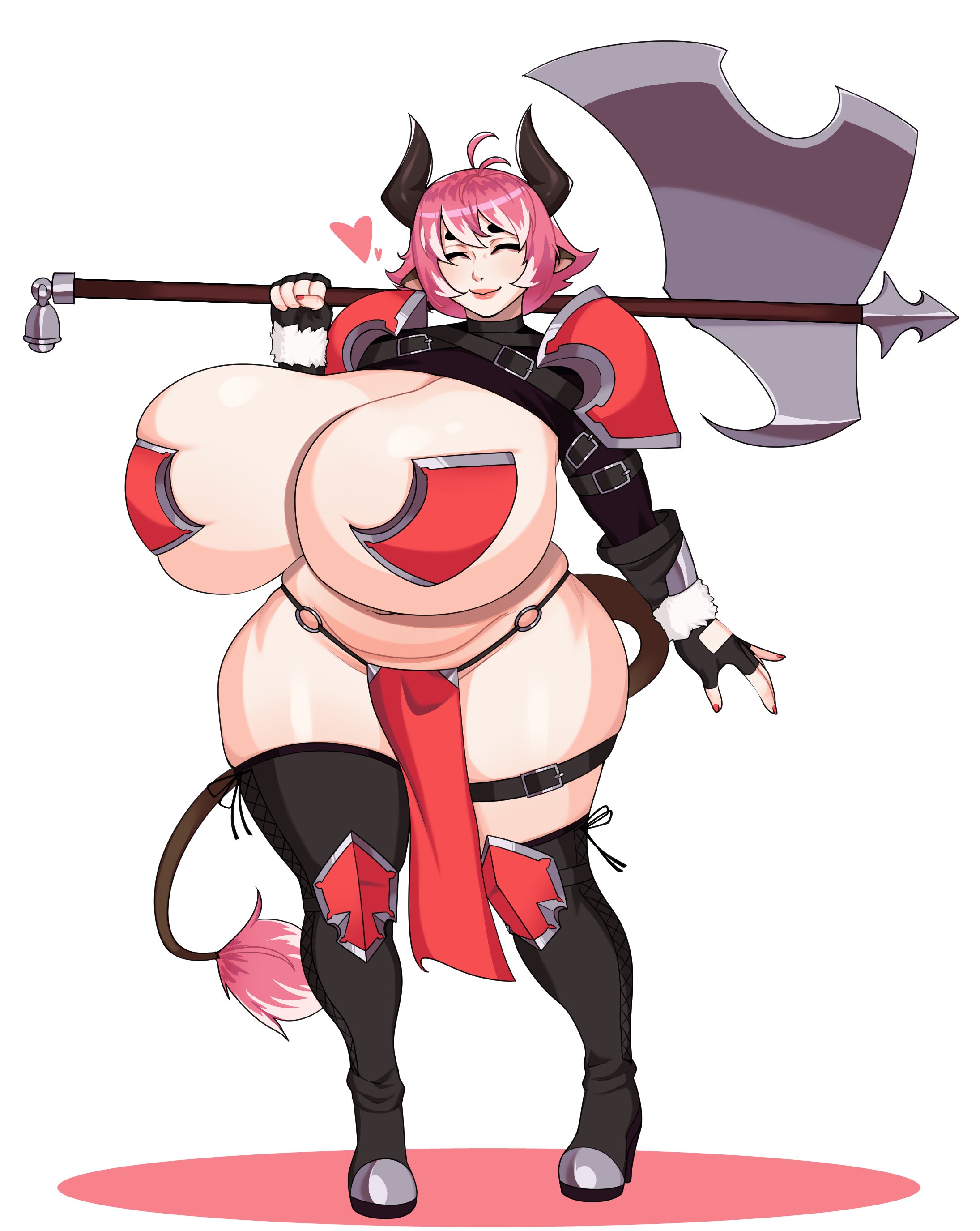 1girls, 2023, absurd res, animal ears, animal horns, animal tail, armor, axe, breasts, chubby, chubby female, closed eyes, cow ears, cow girl, cow horns, cow tail, curvaceous, curvy, female, female focus, fingerless gloves, gloves, hips, horns, huge breasts, massive breasts, pink hair, short hair, solo, solo female, solo focus, strongmoist, tail, thick thighs, thighhighs, thighs, voluptuous, wide hips