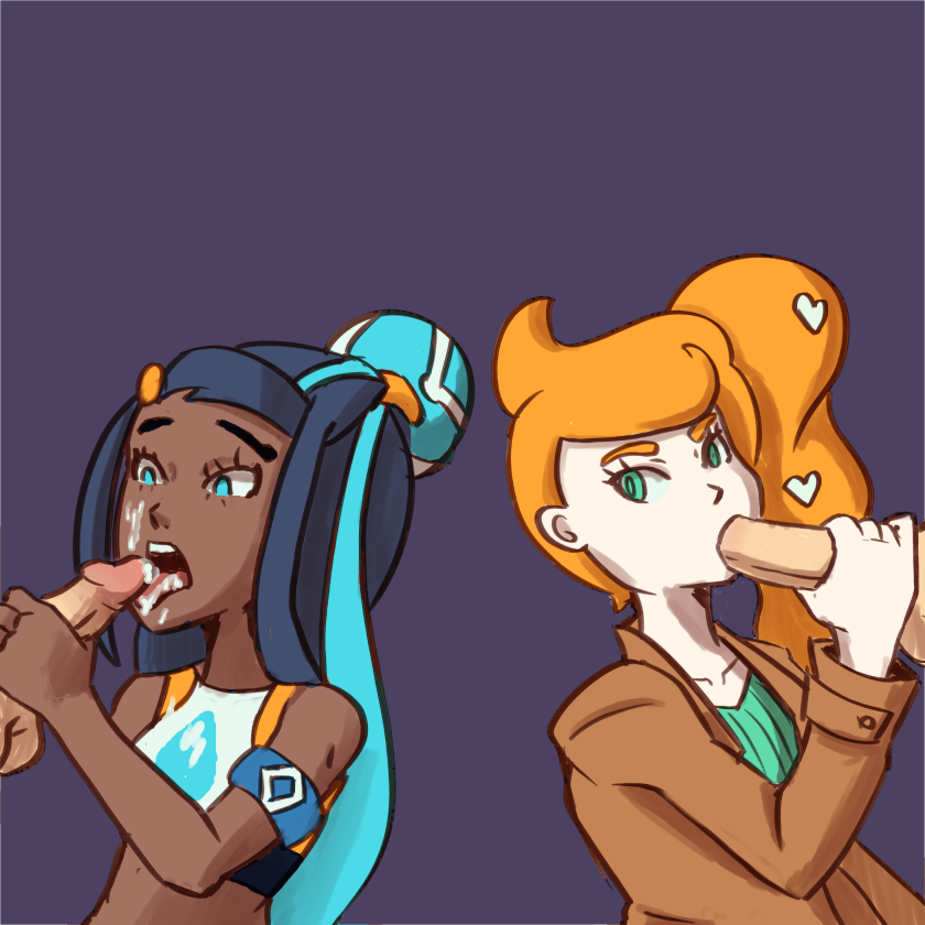 2boys 2girls blue_eyes blue_hair cum cum_in_mouth cum_on_face cum_on_tongue dark-skinned_female dark_skin fellatio female_focus gigabit long_hair male multiple_boys multiple_girls nessa_(pokemon) oral orange_eyes orange_hair penis pokemon pokemon_ss ponytail side_ponytail sonia_(pokemon) tongue tongue_out