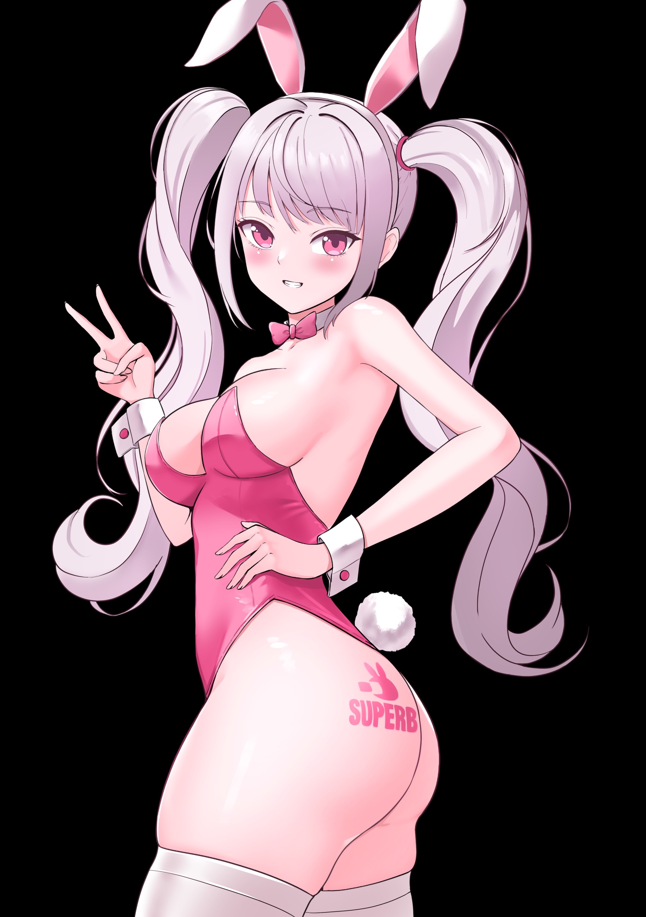 1girls, alice (nikke), ass, black background, blush, bunny ears, bunny girl, bunnysuit, cleavage, female, female only, goddess of victory: nikke, grin, peace sign, pink eyes, playboy bunny, revealing clothes, shiromashiro, skindentation, tattoo, thighhighs, twintails, white hair