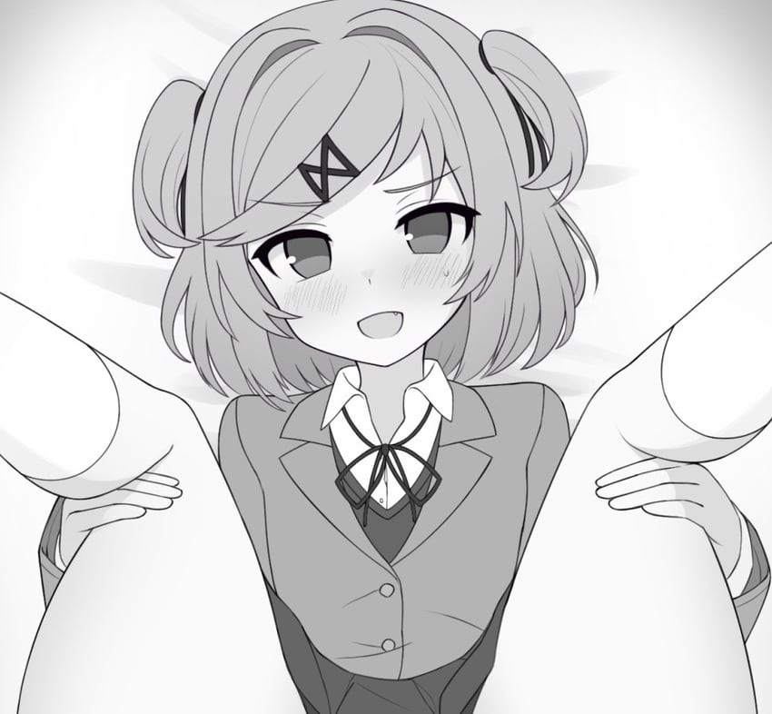 1girls cropped doki_doki_literature_club female female_only girl_only legs_apart legs_held_open mikoscrub monochrome natsuki_(doki_doki_literature_club) school_uniform solo