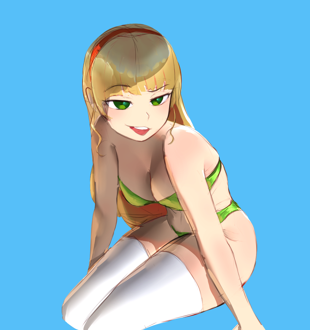 bangs blonde_hair eathanontitan green_eyes green_lingerie long_hair love_live! sitting smug_face thick_thighs thighhighs wide_hips