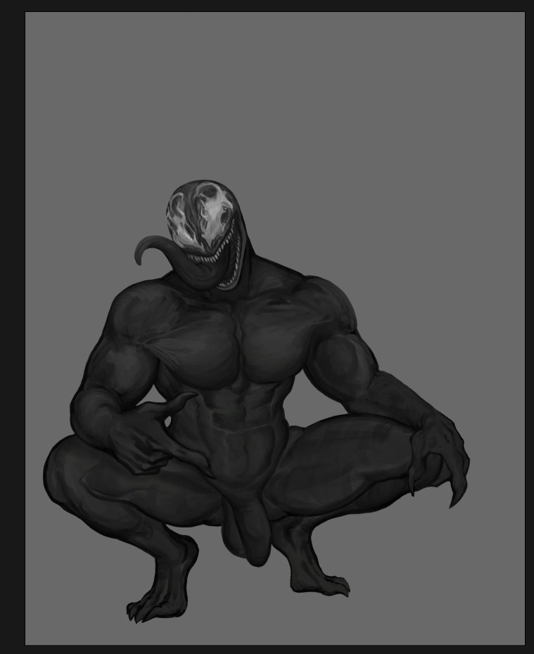 balls bara dark_body flaccid long_tongue male male_only marvel marvel_comics muscles muscular nanadagger nude penis sharp_teeth solo solo_male spread_legs squatting venom venom_(marvel)