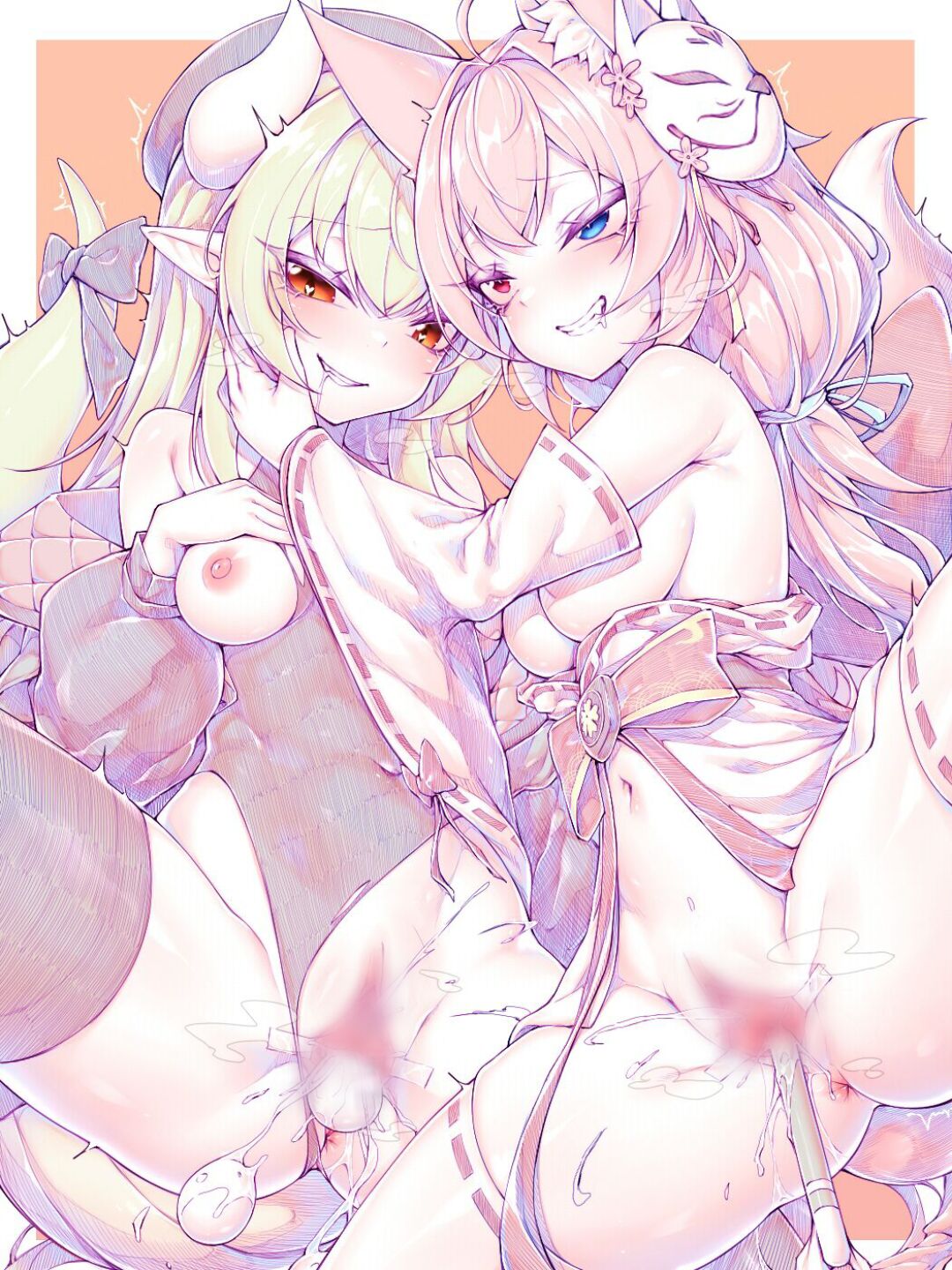 2girls ahoge animal_ears anus black_bow blonde_hair blue_eyes blur_censor bow breasts censored clenched_teeth copyright_request egg_laying fox_ears fox_mask heart heart-shaped_pupils heterochromia highres horns japanese_clothes kupa_(jesterwii) long_hair looking_at_viewer mask mask_on_hat medium_breasts miko multiple_girls navel nipples object_insertion orange_background pink_hair pointy_ears pussy red_eyes simple_background single_horn smile spread_pussy symbol-shaped_pupils tail tail_bow tail_ornament teeth vaginal_object_insertion vaginal_penetration virtual_youtuber white_horns