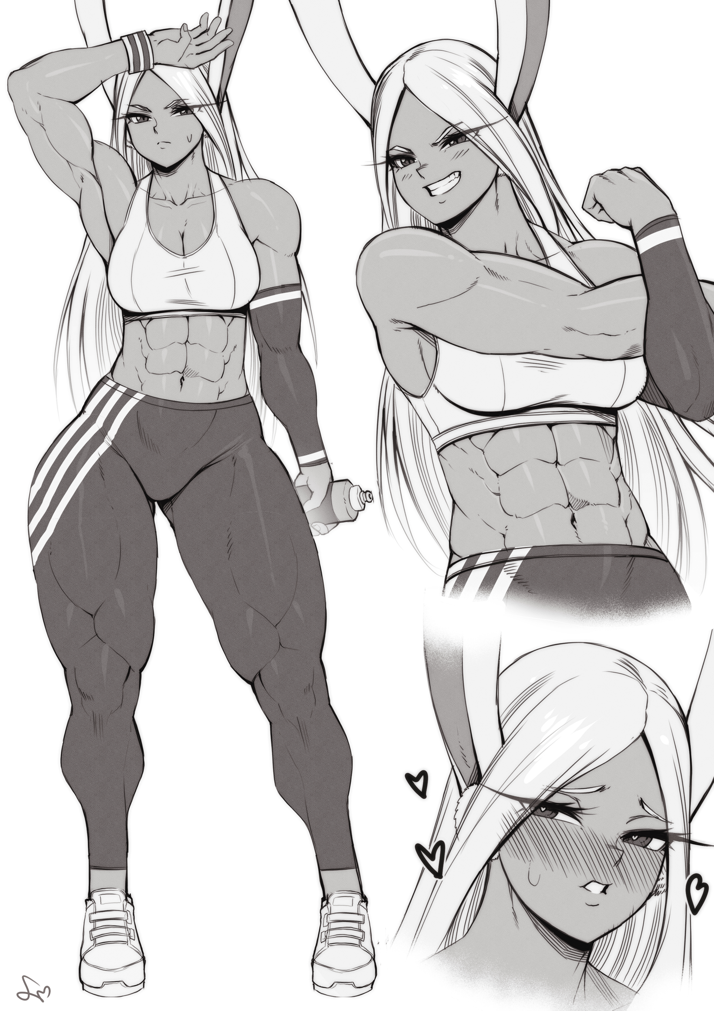 1girls, abs, absurd res, animal ears, blush, blushing, boku no hero academia, breasts, bunny ears, cleavage, dark skin, dark-skinned female, female, heroine, hi res, large breasts, long hair, looking at viewer, midriff, miruko, monochrome, muscular, muscular arms, muscular female, muscular thighs, my hero academia, navel, obliques, rumi usagiyama, signature, simple background, smile, solo, speedl00ver, sports bra, superheroine, thick thighs, white background, white hair
