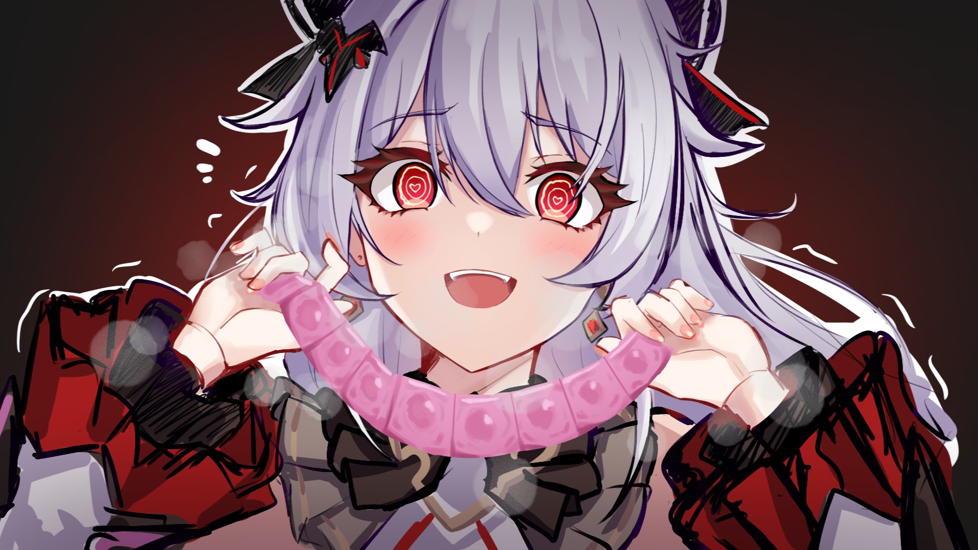 :d, @ @, bat hair ornament, blush, condom, condom packet strip, condom wrapper, earrings, fangs, female, grey hair, hair between eyes, hair ornament, heart, heart-shaped pupils, heavy breathing, highres, holding, holding condom, honkai (series), honkai impact 3rd, jewelry, long hair, long sleeves, looking at viewer, luna (honkai impact), mini2chainz, open mouth, red eyes, shukusei!! loli-gami requiem, smile, solo, steamy breath, symbol-shaped pupils, theresa apocalypse, theresa apocalypse (lunar vow: crimson love), visible breath
