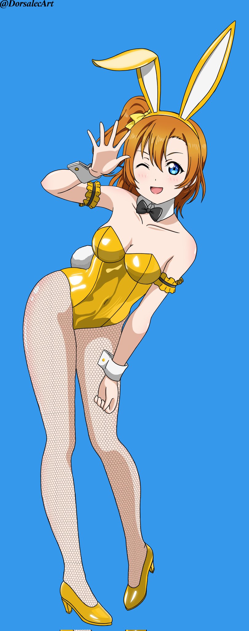 bunnysuit dorsalec fishnets greeting high_heels kousaka_honoka love_live! love_live!_school_idol_project one_eye_closed yellow_heels