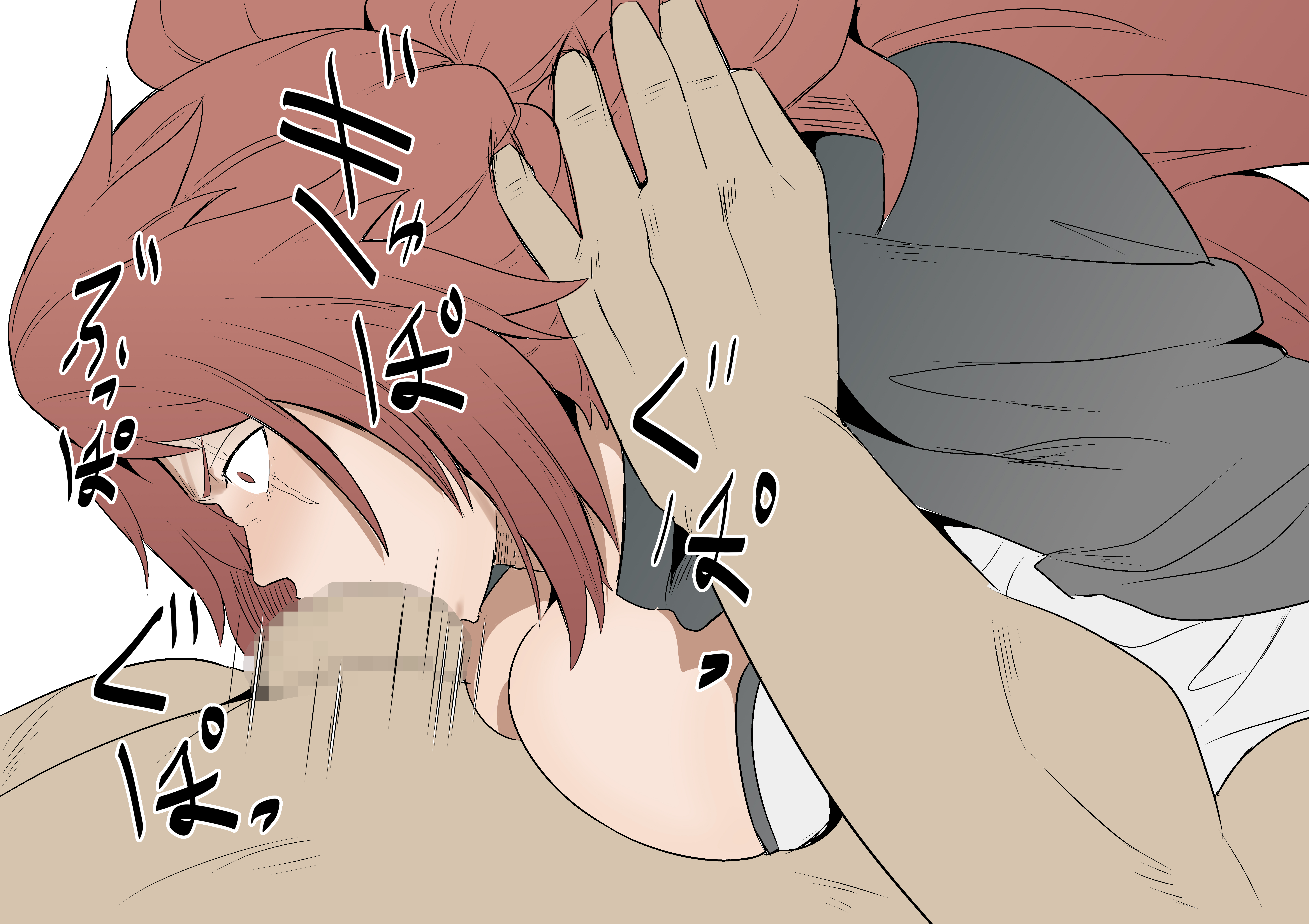 absurd res, all the way to the base, baiken, blowjob, breasts, deepthroat, fellatio, female, guilty gear, head grab, male, motion lines, nier (artist), oral, oral sex, partial male, red hair